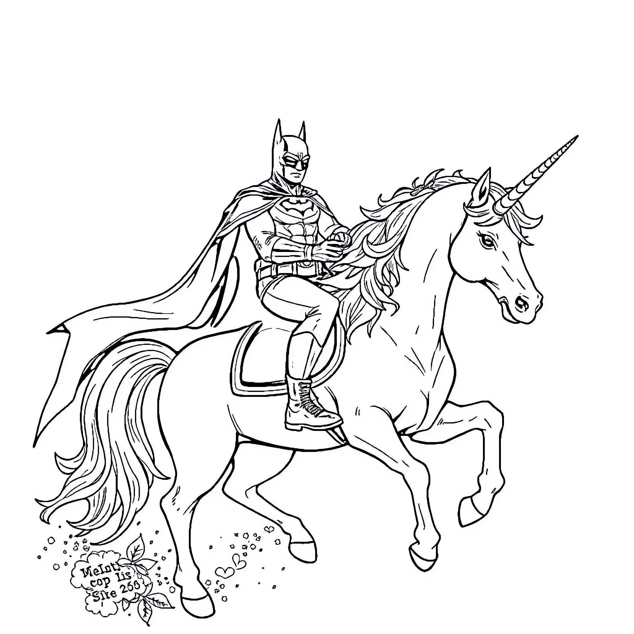 Batman riding a unicorn on a magical adventure Coloring Page (free black-and-white line drawing printable PDF for all, from beginners to advanced learners, including children, teens, adults, and seniors)