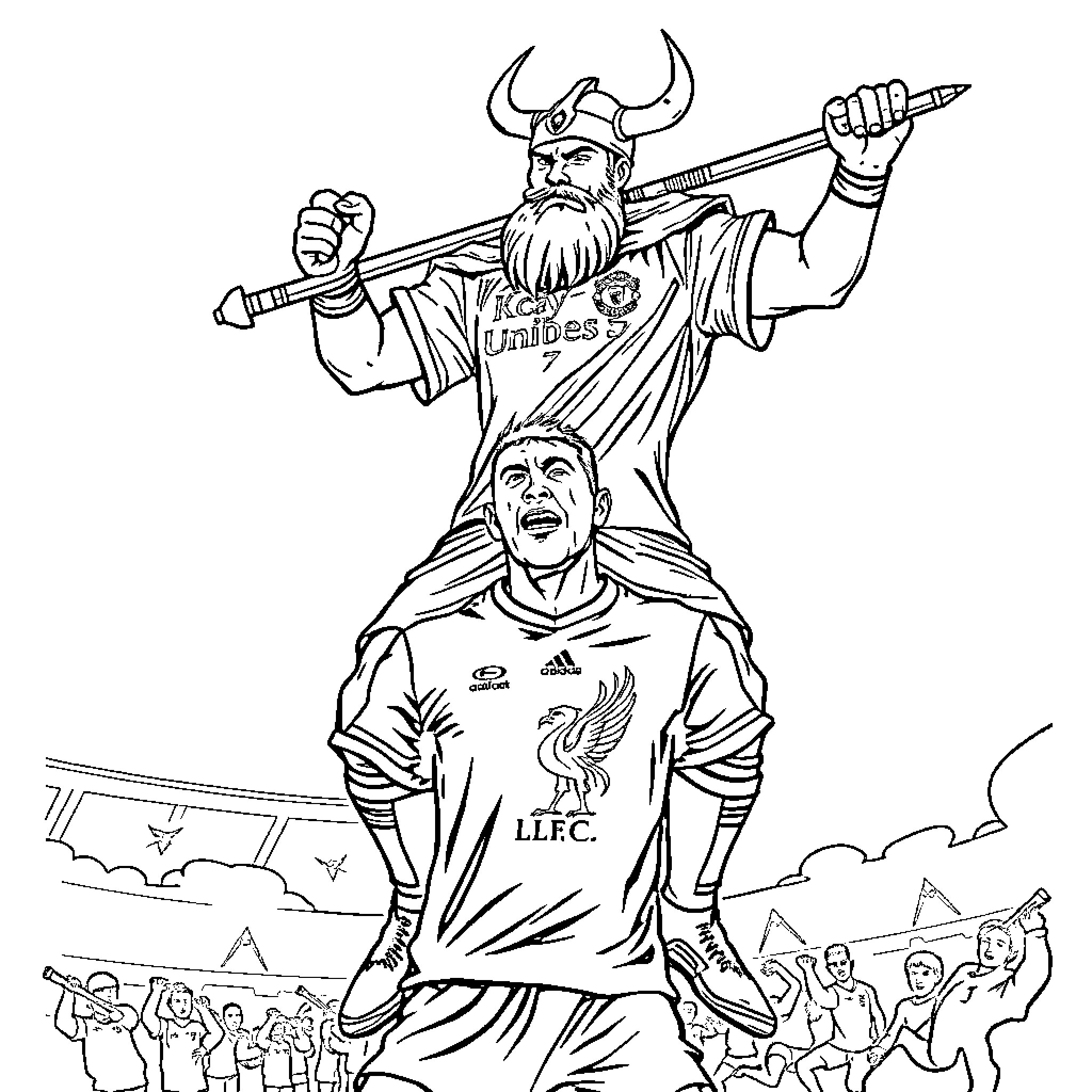 Viking-inspired soccer fans celebrate victory Coloring Page (free black-and-white line drawing printable PDF for all, from beginners to advanced learners, including children, teens, adults, and seniors)