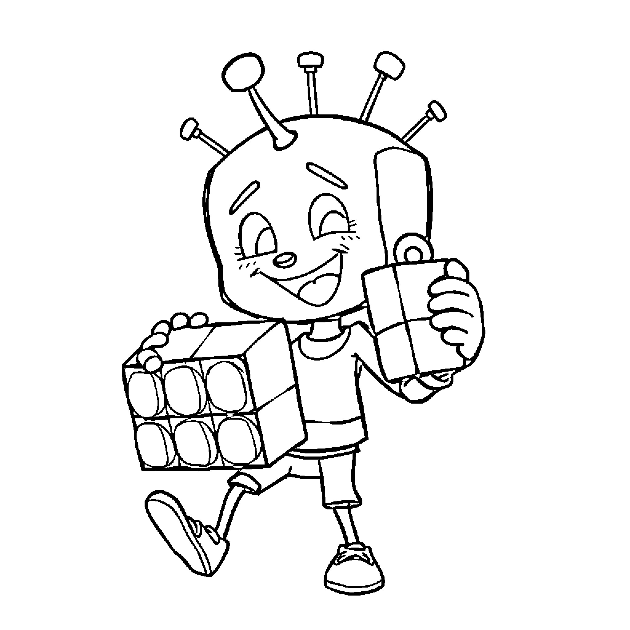 Pinhead character carrying crate with a smile Coloring Page (free black-and-white line drawing printable PDF for all, from beginners to advanced learners, including children, teens, adults, and seniors)