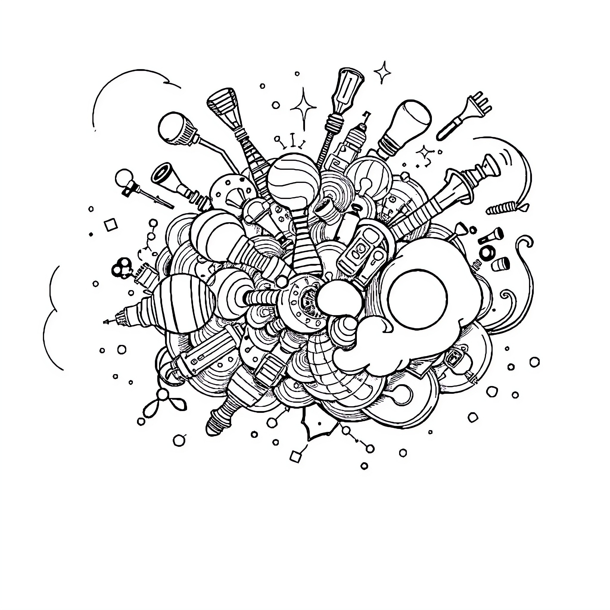 Brainrot: A Whimsical Explosion of Doodles and Patterns Coloring Page (free black-and-white line drawing printable PDF for all, from beginners to advanced learners, including children, teens, adults, and seniors)