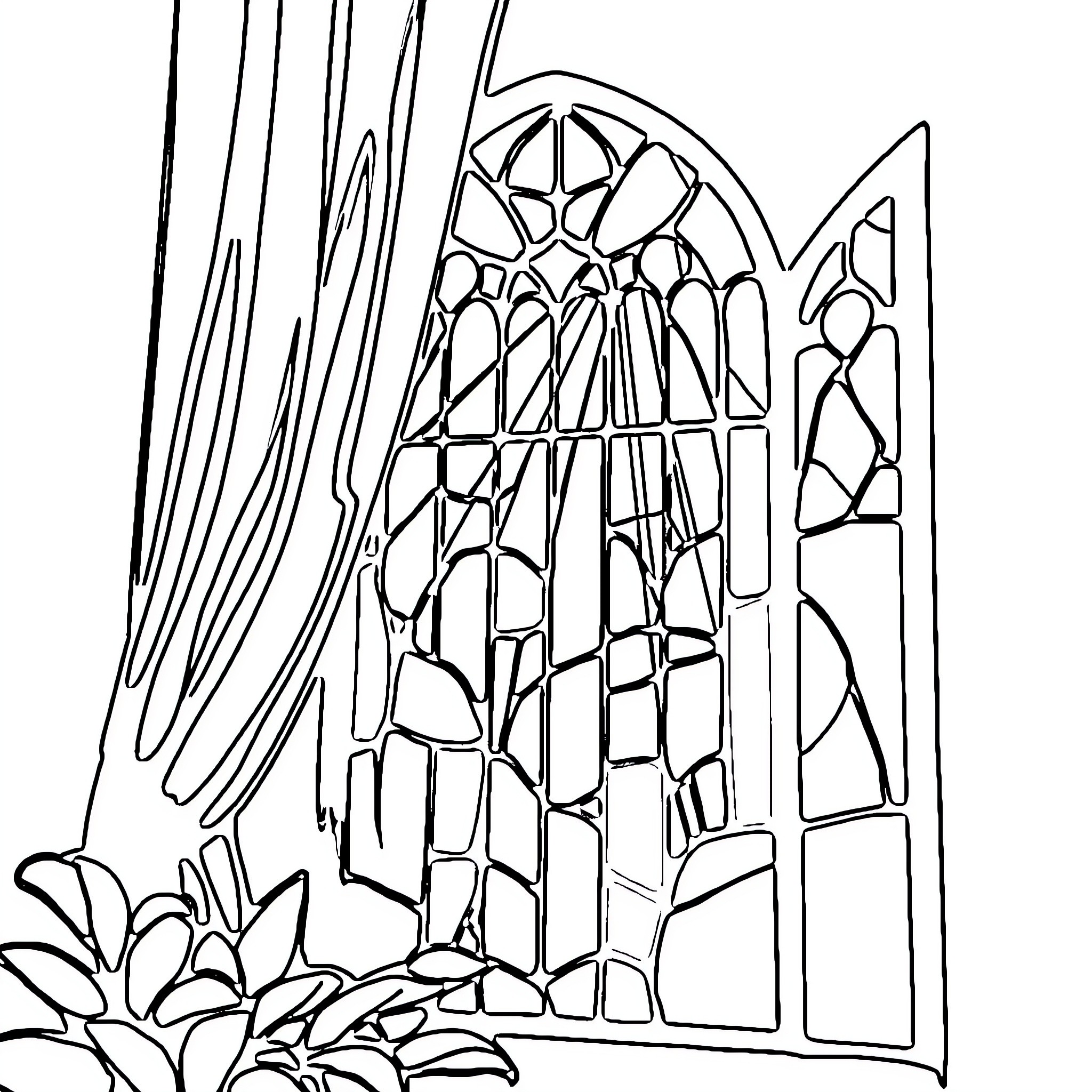 Stained Glass Church Window with Floral Accents Coloring Page (free black-and-white line drawing printable PDF for all, from beginners to advanced learners, including children, teens, adults, and seniors)
