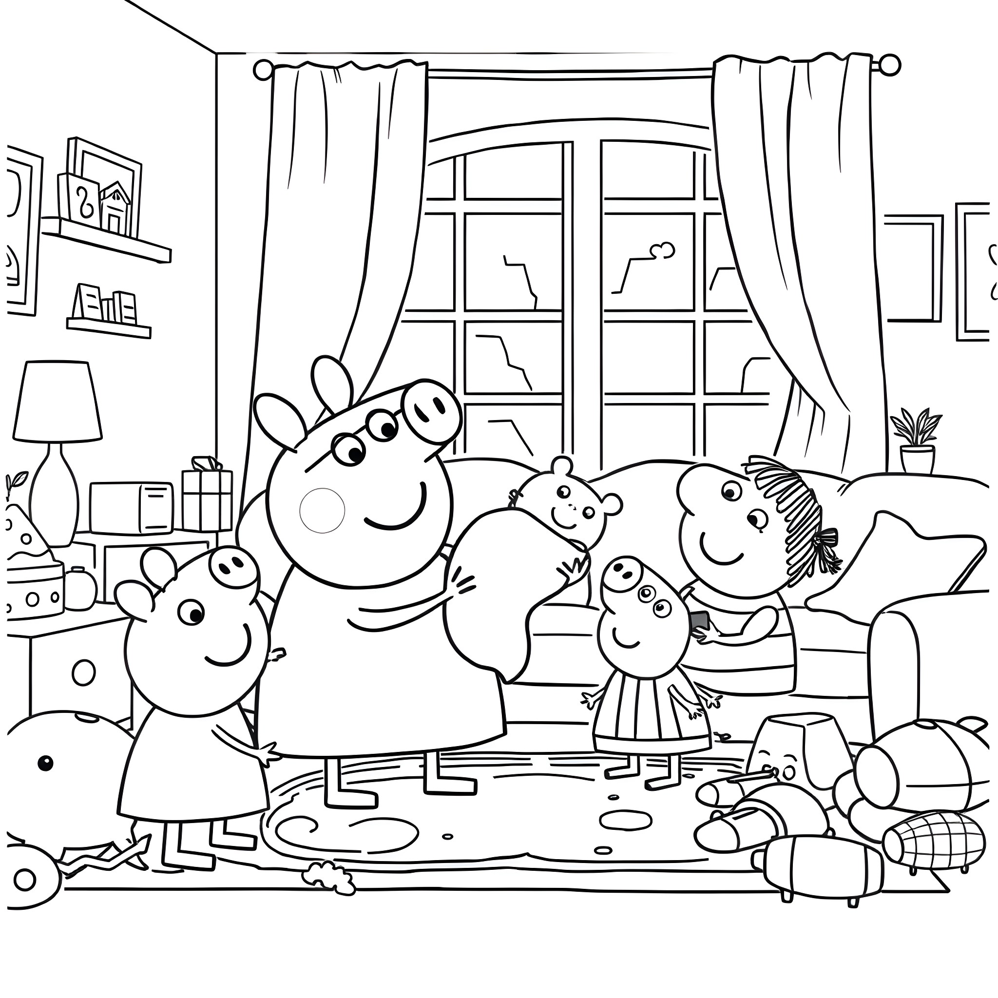 Peppa Pig and family enjoying playtime at home Coloring Page (free black-and-white line drawing printable PDF for all, from beginners to advanced learners, including children, teens, adults, and seniors)