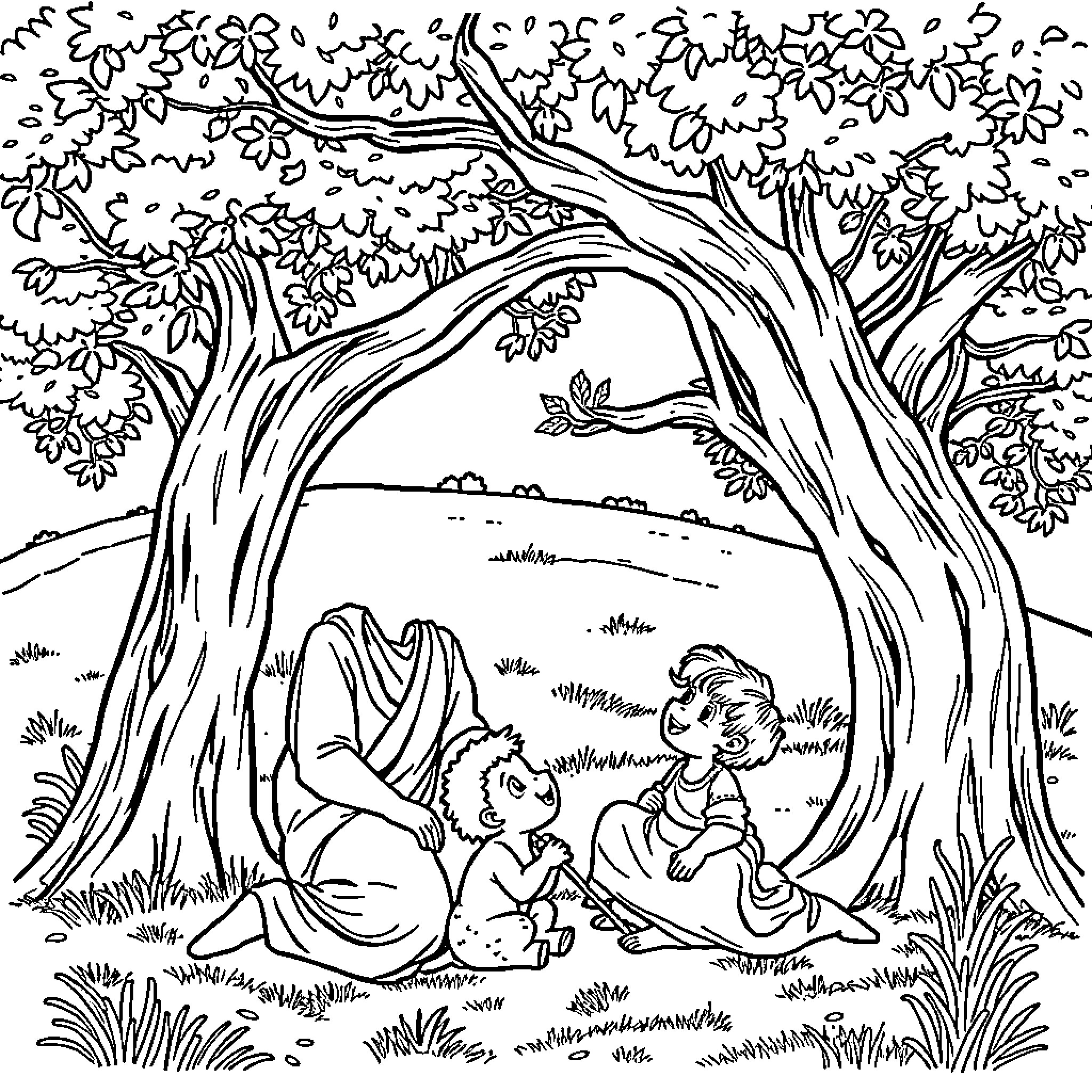 Abraham's Peaceful Picnic in the Enchanted Forest Coloring Page (free black-and-white line drawing printable PDF for all, from beginners to advanced learners, including children, teens, adults, and seniors)