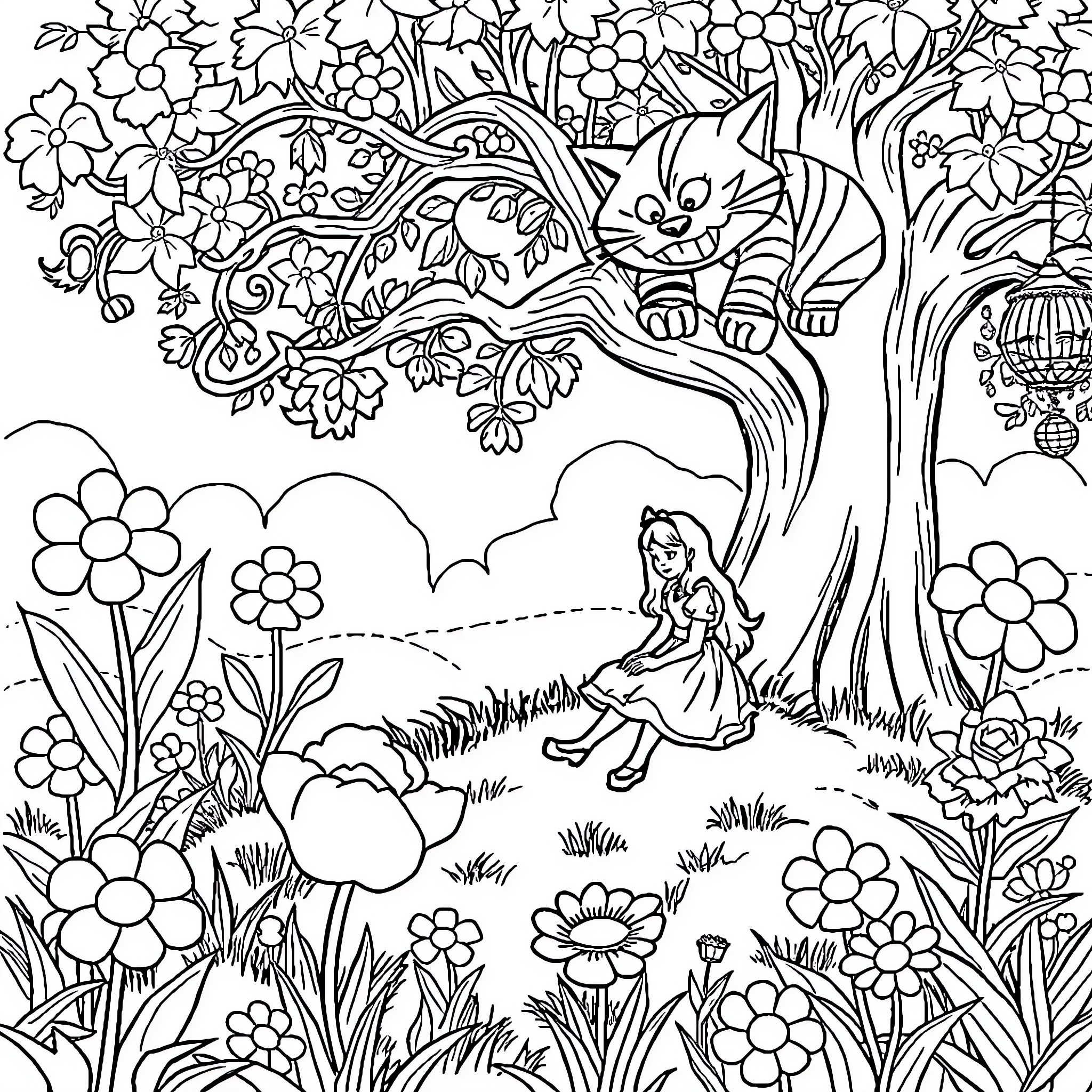 Alice explores the enchanting floral landscape Coloring Page (free black-and-white line drawing printable PDF for all, from beginners to advanced learners, including children, teens, adults, and seniors)