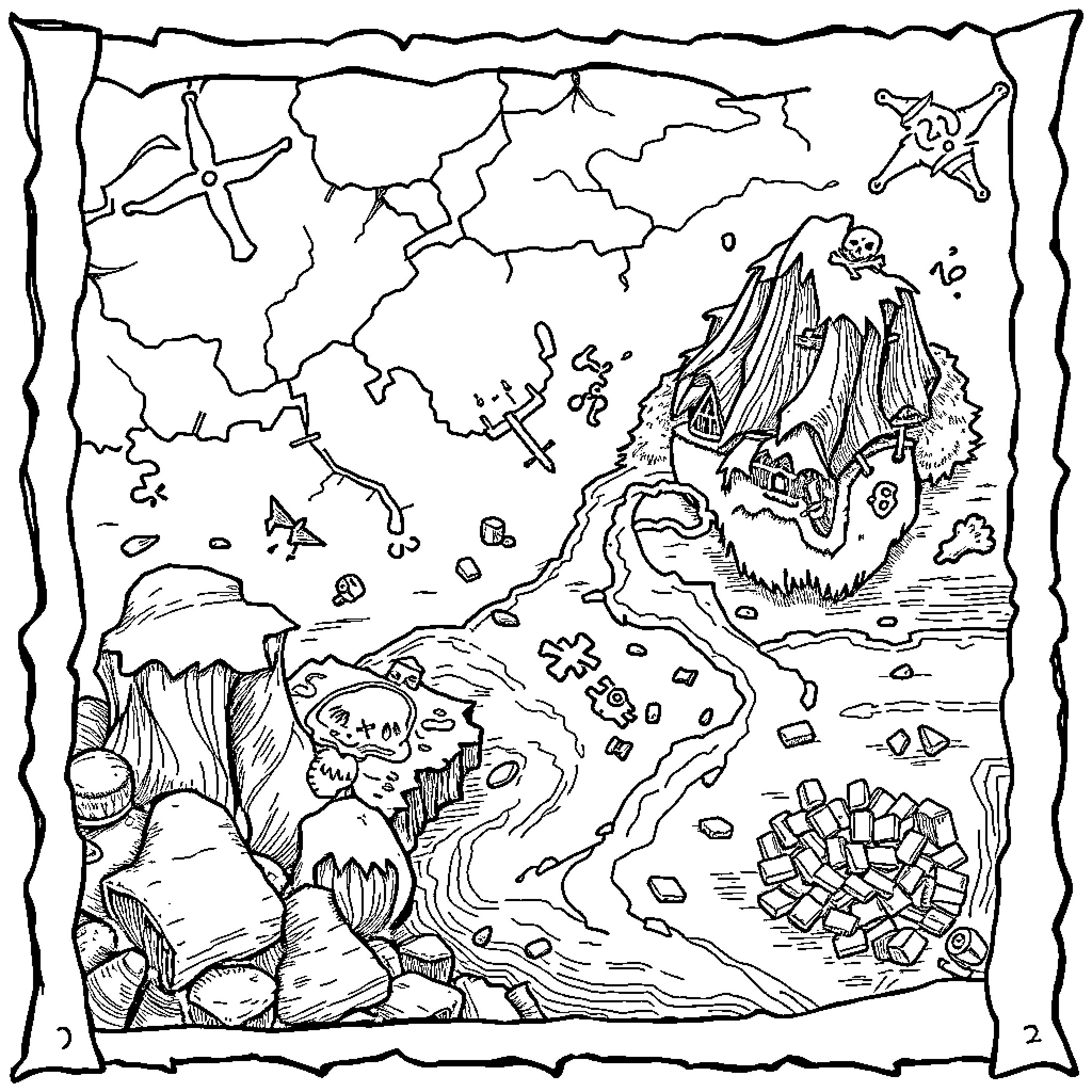 Treasure Map of Fantastical Landscapes and Mysteries Coloring Page (free black-and-white line drawing printable PDF for all, from beginners to advanced learners, including children, teens, adults, and seniors)