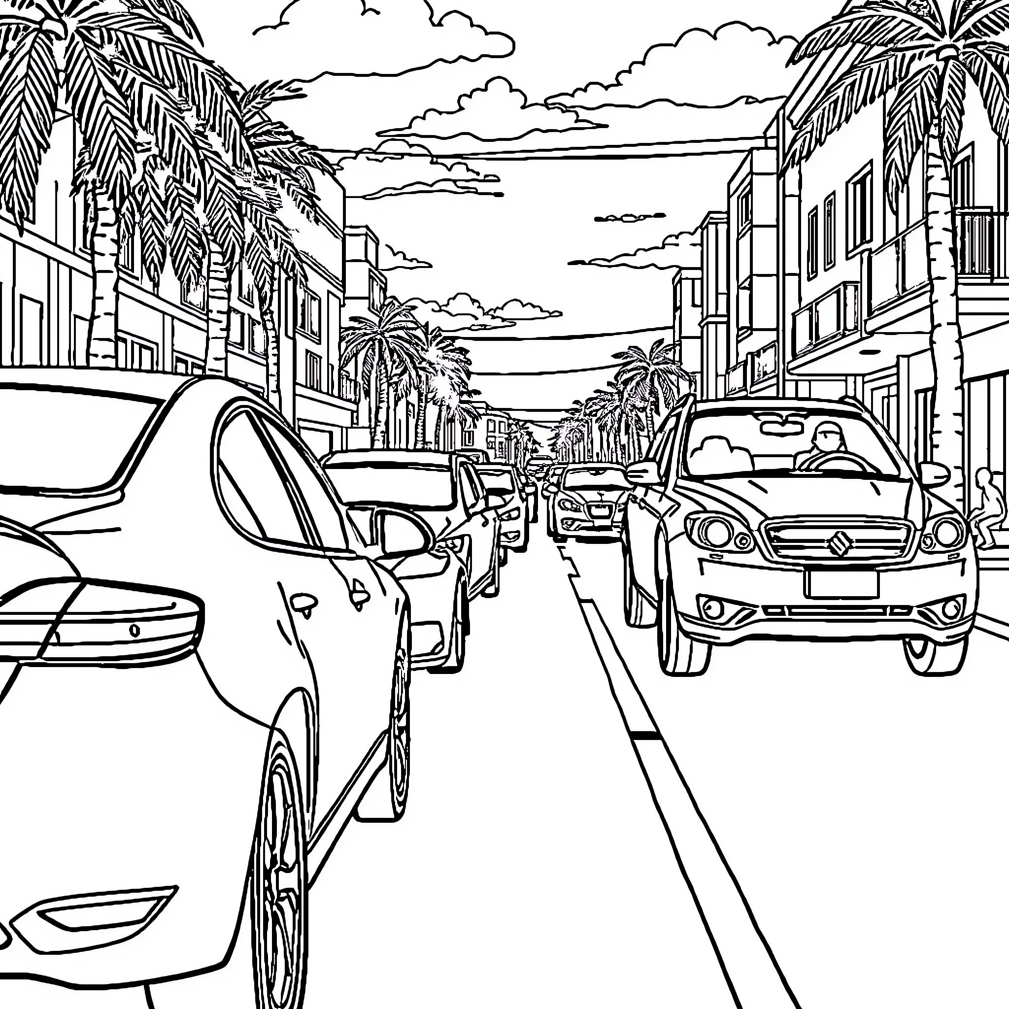 Car scene on a tropical city street Coloring Page (free black-and-white line drawing printable PDF for all, from beginners to advanced learners, including children, teens, adults, and seniors)
