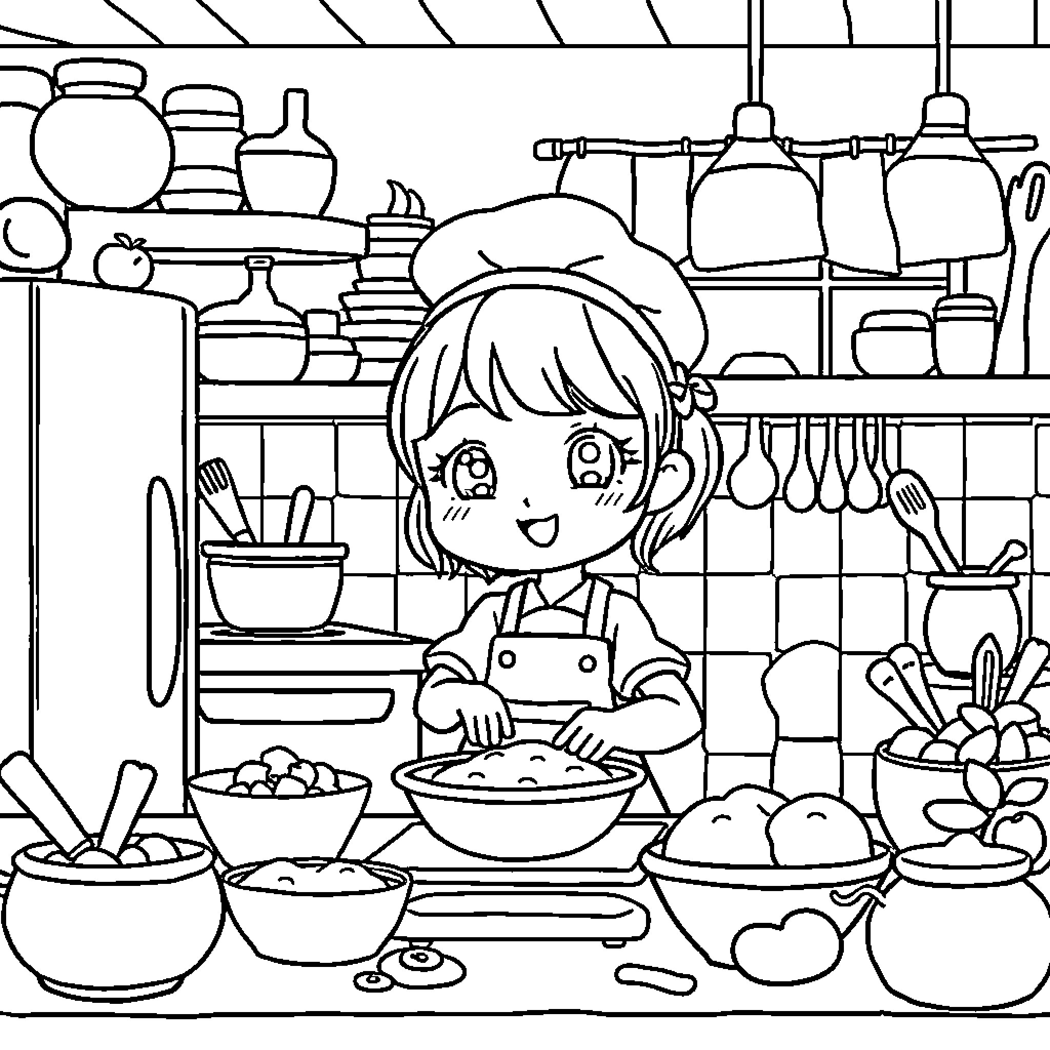 Chibi Girl Cooking in the Kitchen Coloring Page (free black-and-white line drawing printable PDF for all, from beginners to advanced learners, including children, teens, adults, and seniors)