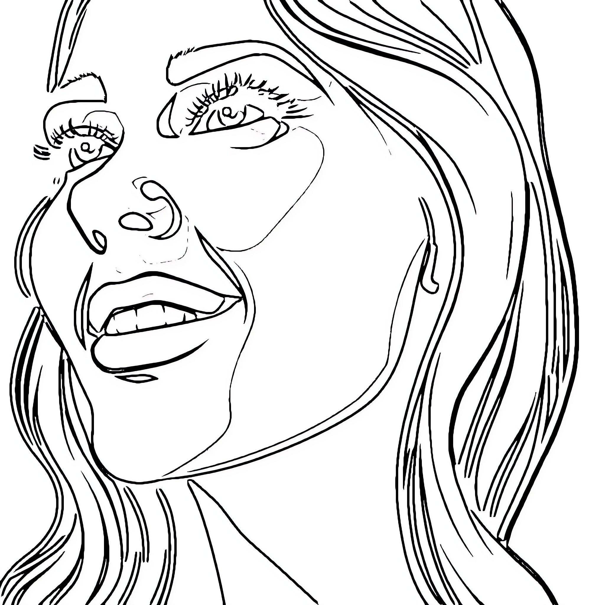 Young Woman with Expressive Face and Flowing Hair Coloring Page (free black-and-white line drawing printable PDF for all, from beginners to advanced learners, including children, teens, adults, and seniors)