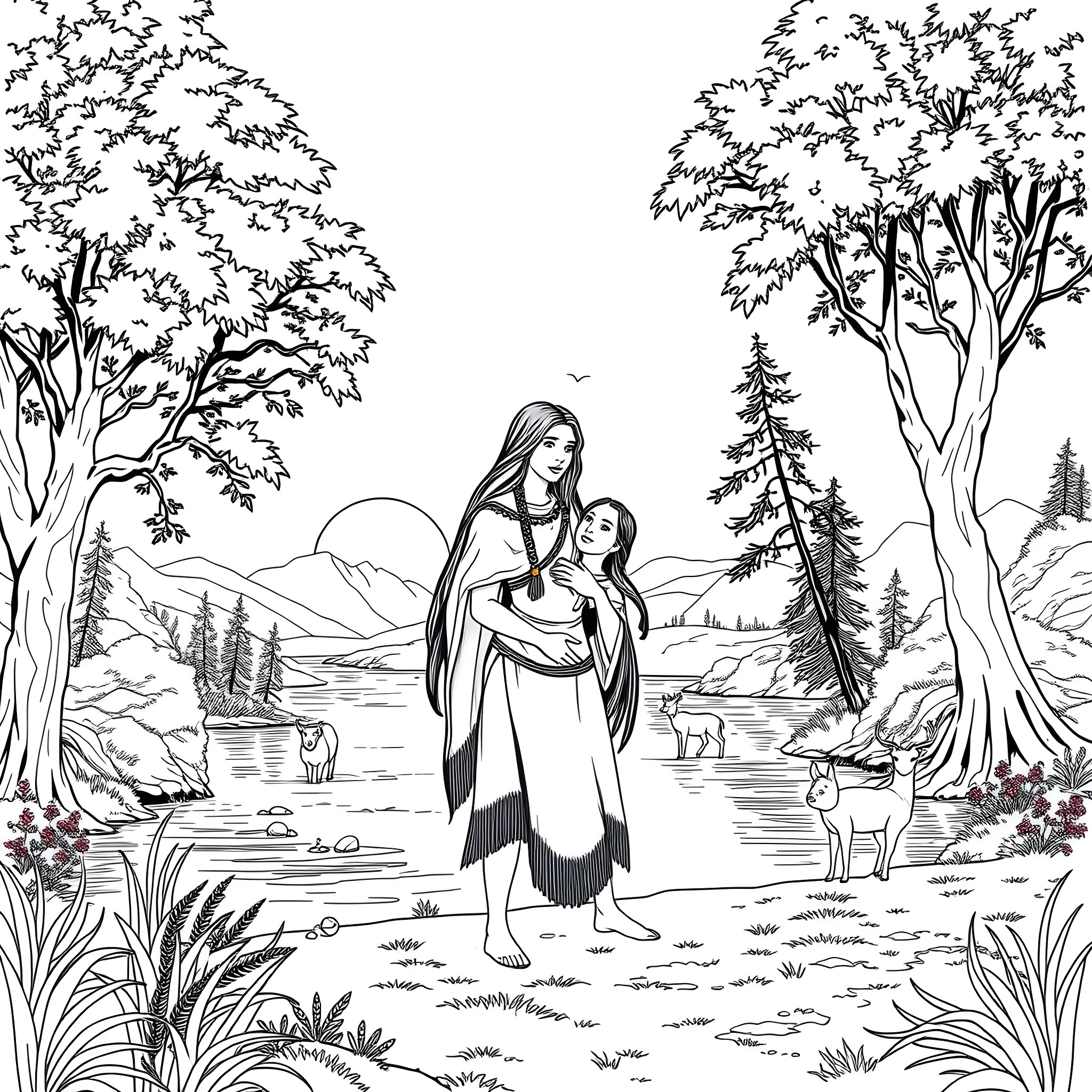 Pocahontas embracing a child in a serene forest landscape Coloring Page (free black-and-white line drawing printable PDF for all, from beginners to advanced learners, including children, teens, adults, and seniors)