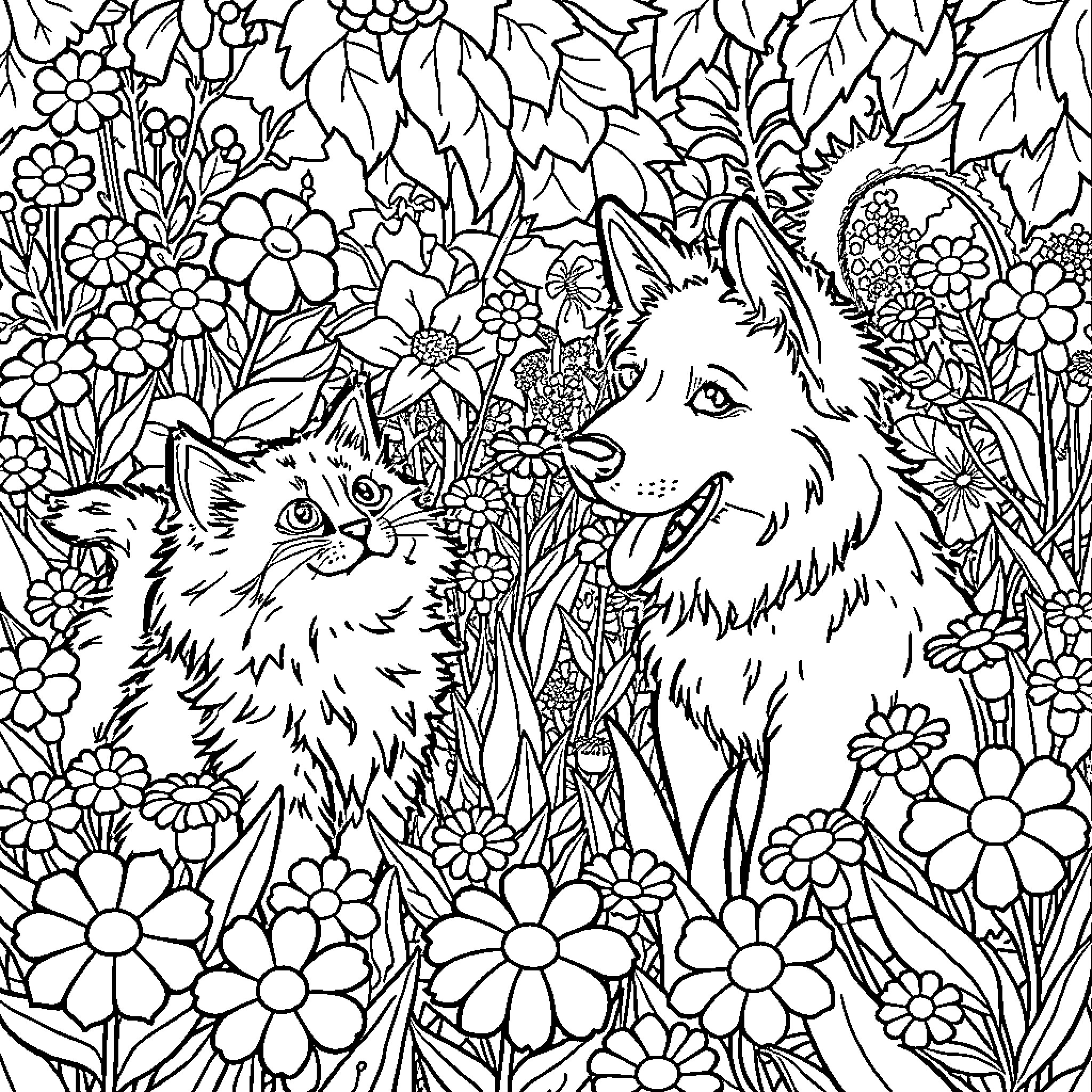Cat and Wolf in Floral Garden Coloring Page (free black-and-white line drawing printable PDF for all, from beginners to advanced learners, including children, teens, adults, and seniors)