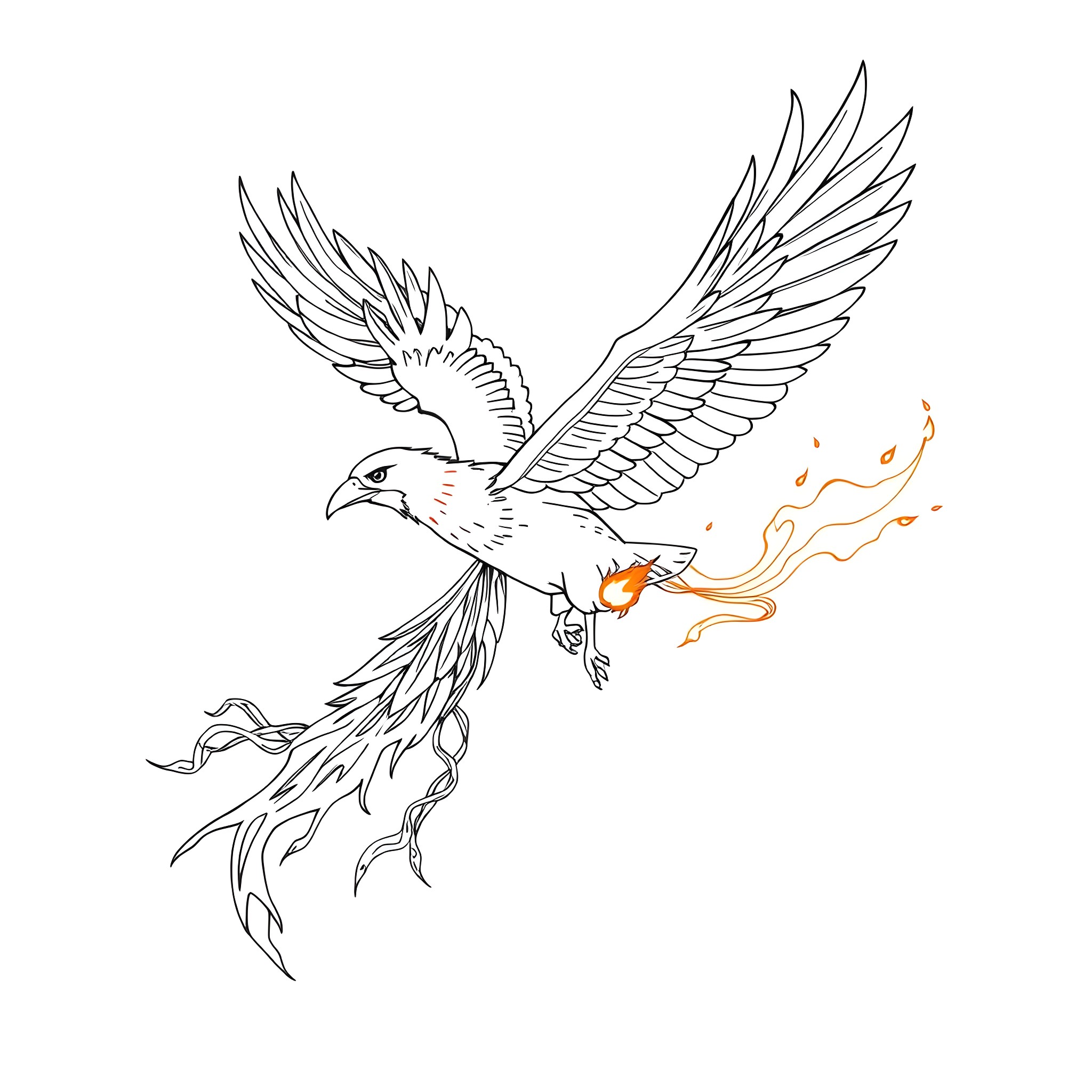 Thunderbird in flight with fiery trail Coloring Page (free black-and-white line drawing printable PDF for all, from beginners to advanced learners, including children, teens, adults, and seniors)