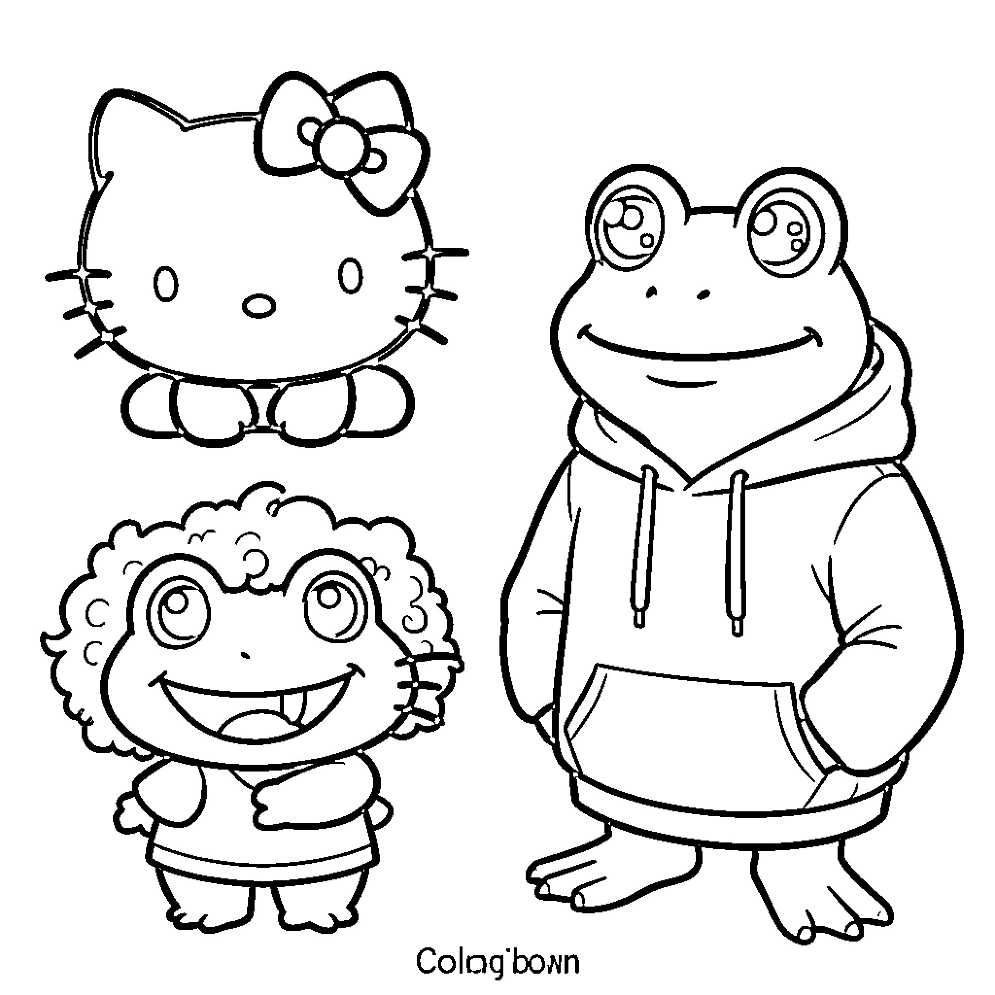 Hello Kitty and Friends in Playful Poses Coloring Page (free black-and-white line drawing printable PDF for all, from beginners to advanced learners, including children, teens, adults, and seniors)
