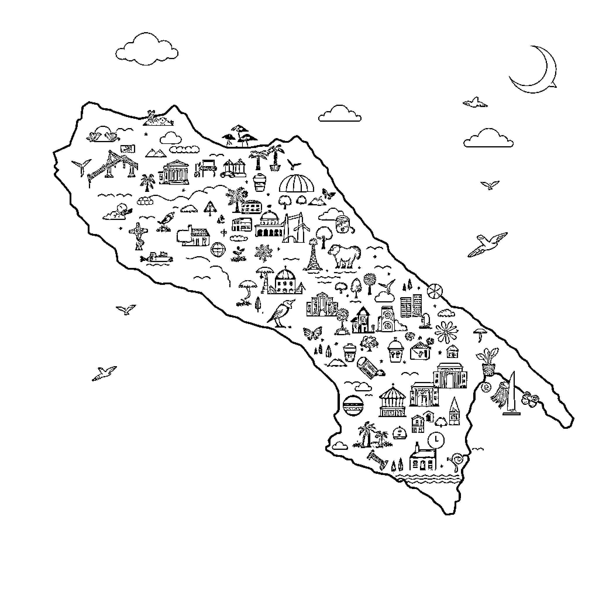 Map of Diverse Landmarks and Attractions Coloring Page (free black-and-white line drawing printable PDF for all, from beginners to advanced learners, including children, teens, adults, and seniors)