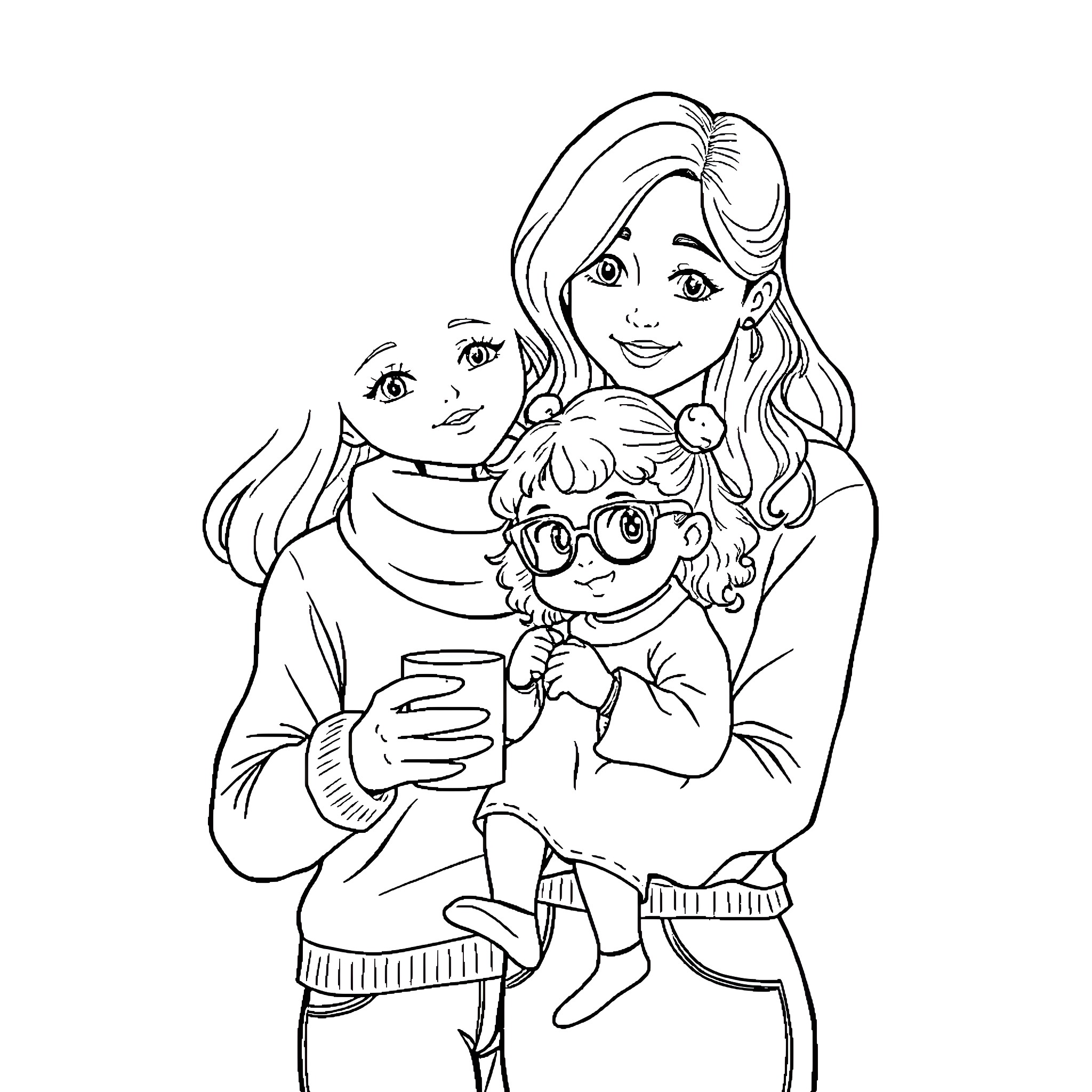 Mom Hugging and Caring for Young Child Coloring Page (free black-and-white line drawing printable PDF for all, from beginners to advanced learners, including children, teens, adults, and seniors)