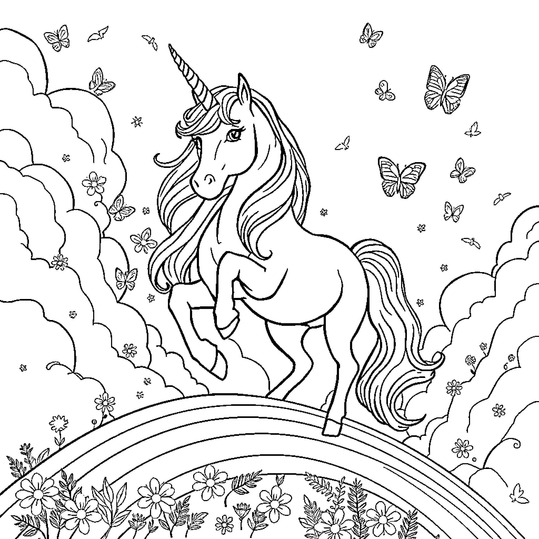 Unicorn prancing among flowers and butterflies Coloring Page (free black-and-white line drawing printable PDF for all, from beginners to advanced learners, including children, teens, adults, and seniors)