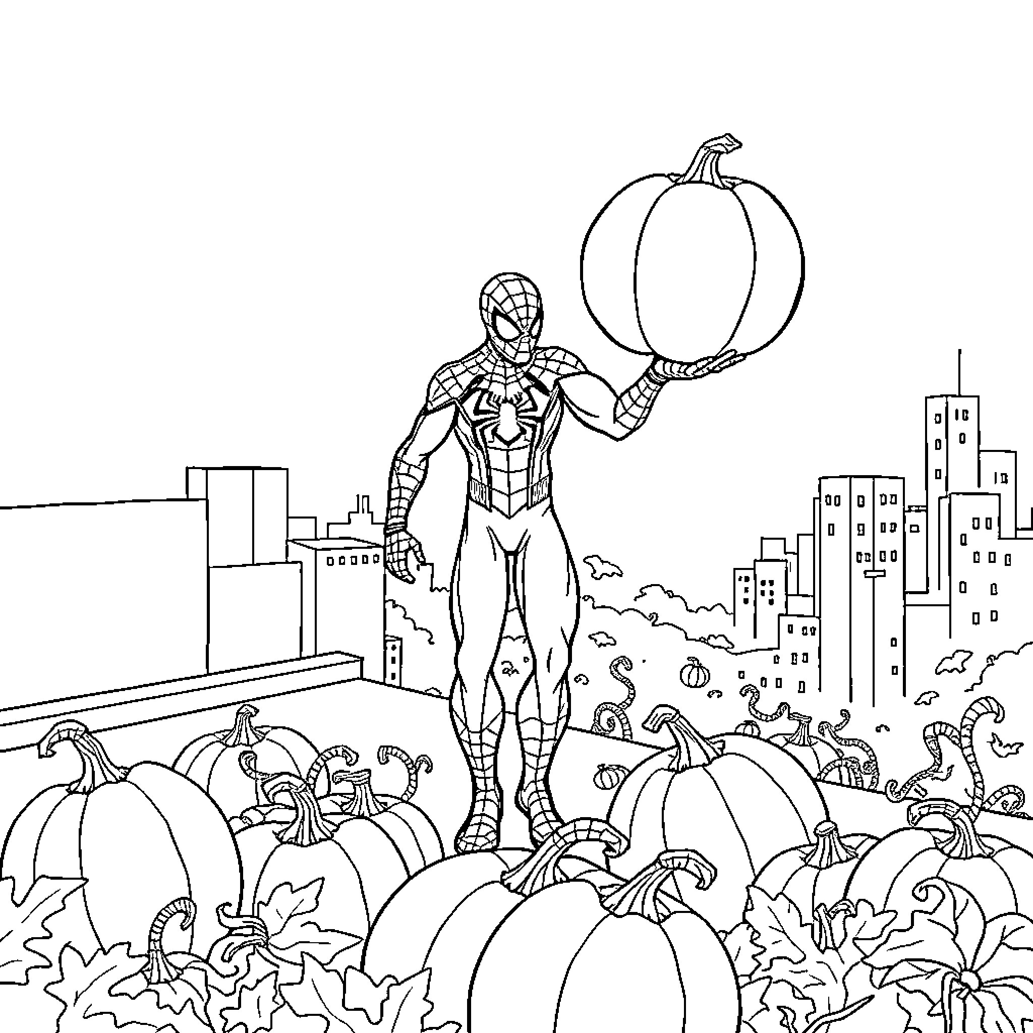 Spiderman amid pumpkins in the city Coloring Page (free black-and-white line drawing printable PDF for all, from beginners to advanced learners, including children, teens, adults, and seniors)