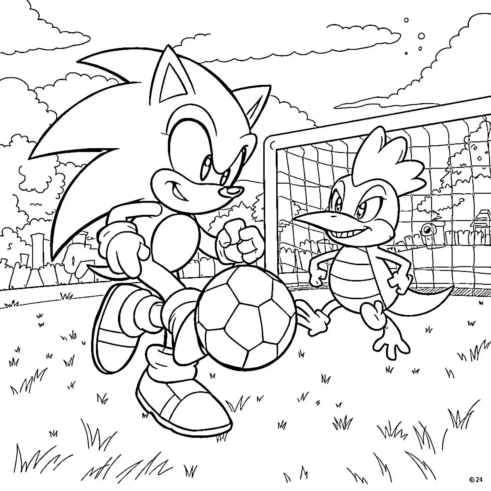 Sonic's Playful Soccer Match Coloring Page (free black-and-white line drawing printable PDF for all, from beginners to advanced learners, including children, teens, adults, and seniors)