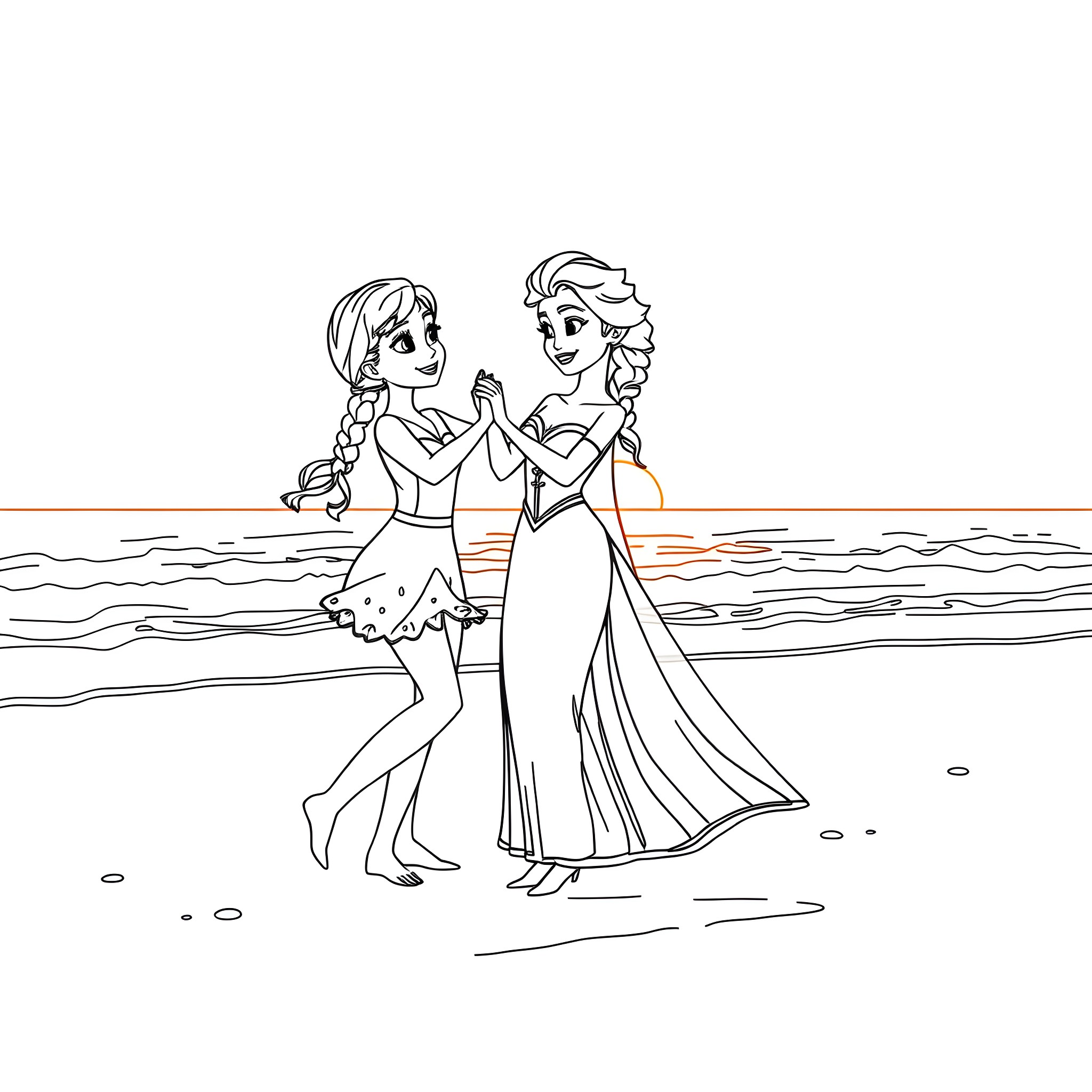 Gabby and Elsa playing together on the beach Coloring Page (free black-and-white line drawing printable PDF for all, from beginners to advanced learners, including children, teens, adults, and seniors)