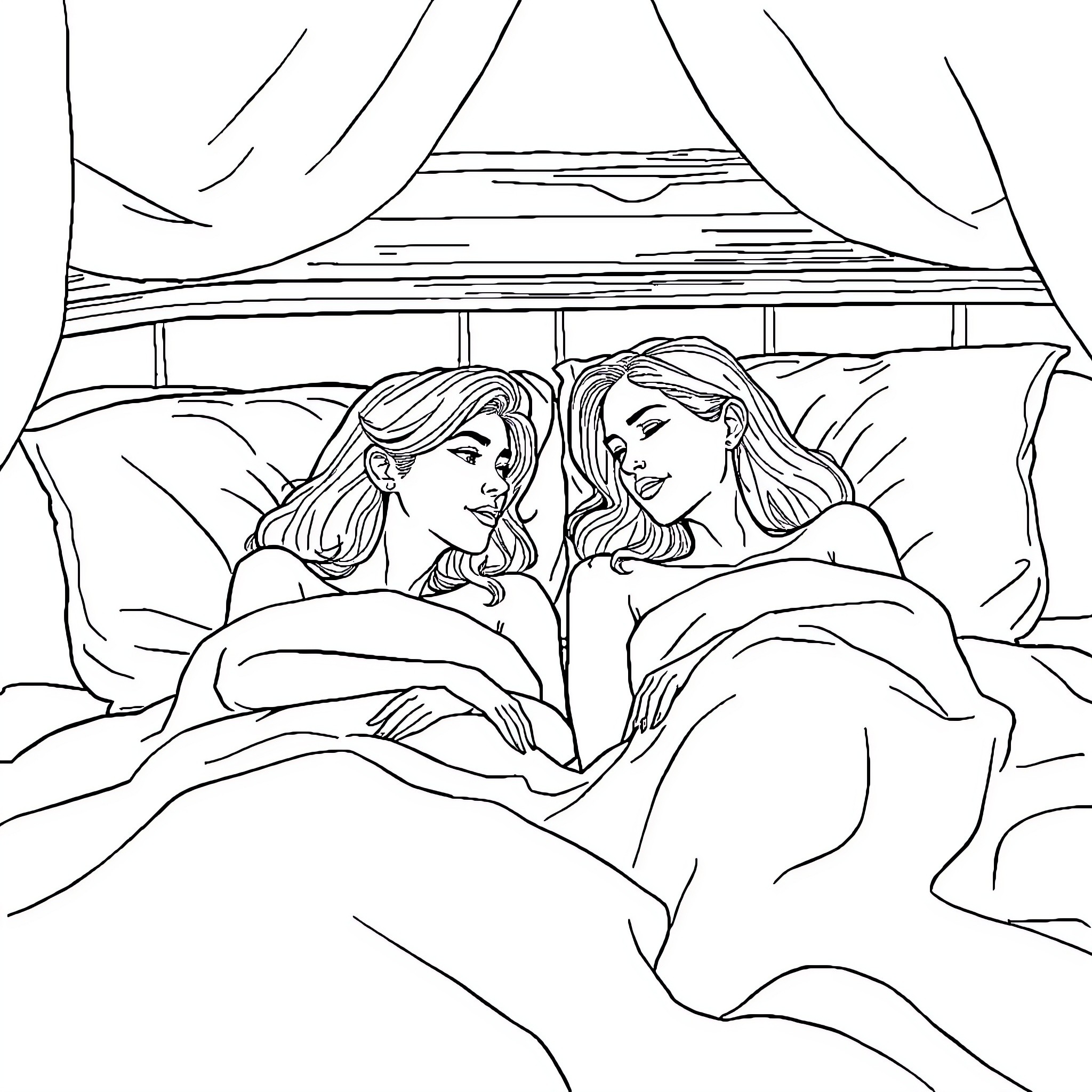 Jessie and Celine chatting in their cozy bed Coloring Page (free black-and-white line drawing printable PDF for all, from beginners to advanced learners, including children, teens, adults, and seniors)