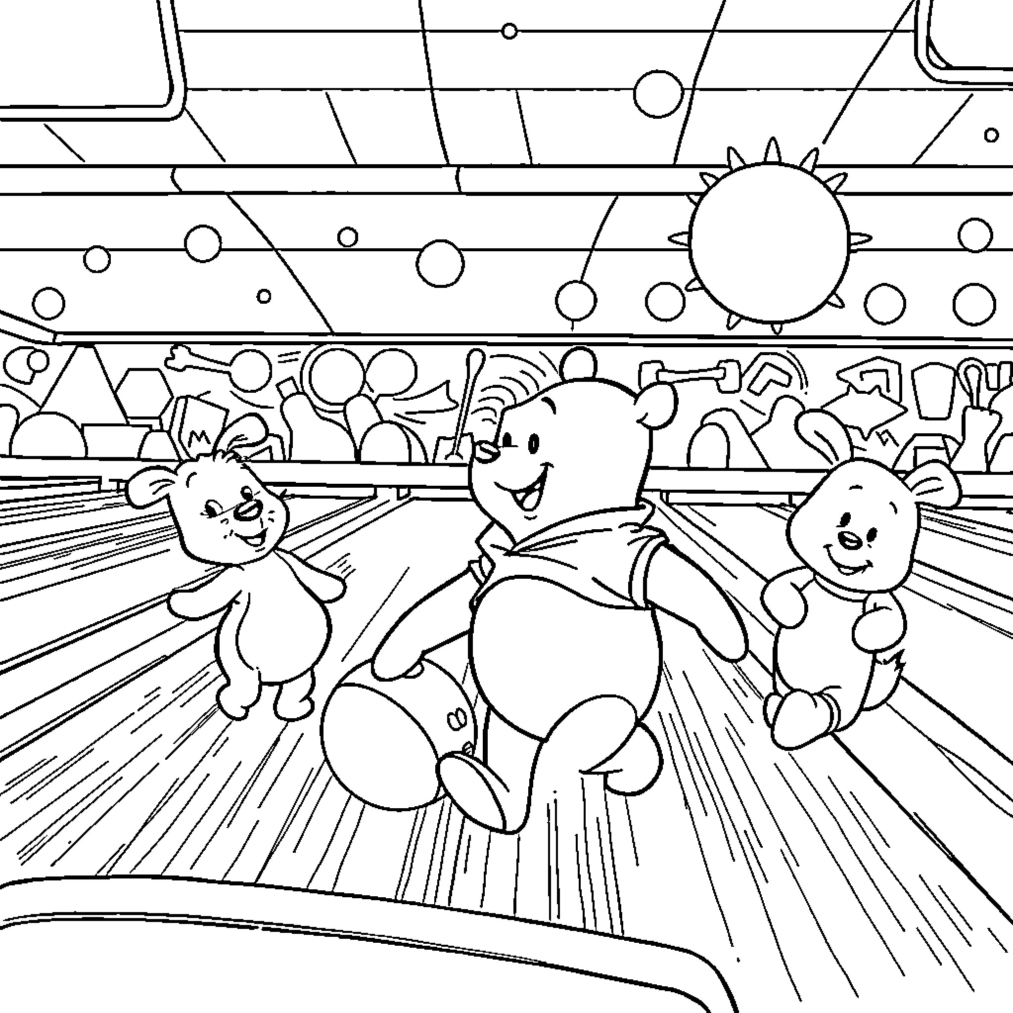 Winnie The Pooh and friends playing happily Coloring Page (free black-and-white line drawing printable PDF for all, from beginners to advanced learners, including children, teens, adults, and seniors)