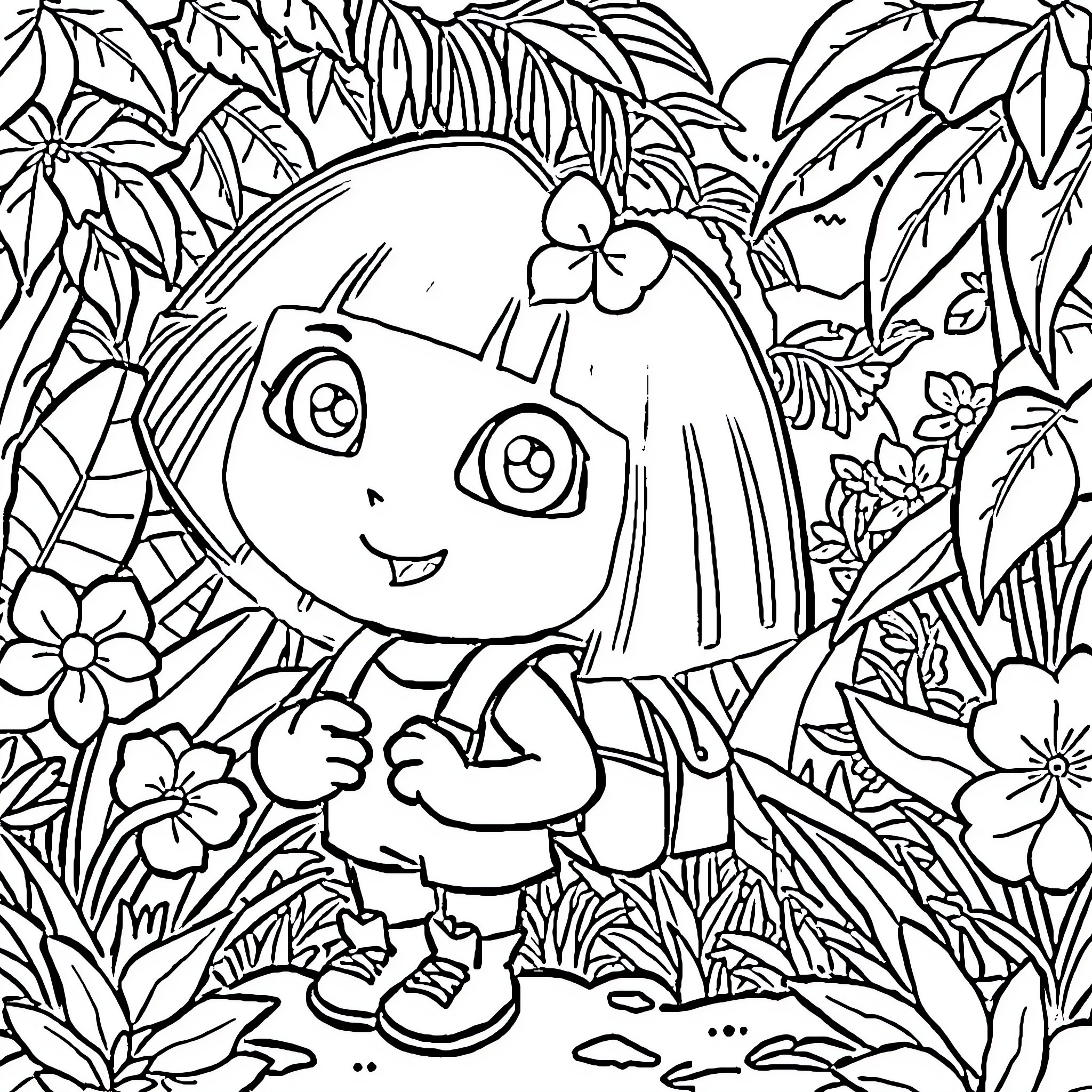 Dora exploring the lush jungle landscape Coloring Page (free black-and-white line drawing printable PDF for all, from beginners to advanced learners, including children, teens, adults, and seniors)