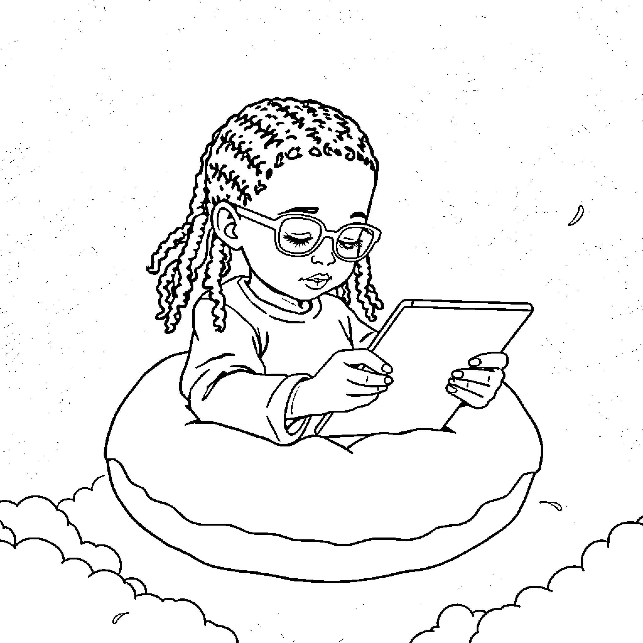 Child playing with digital device in the clouds Coloring Page (free black-and-white line drawing printable PDF for all, from beginners to advanced learners, including children, teens, adults, and seniors)
