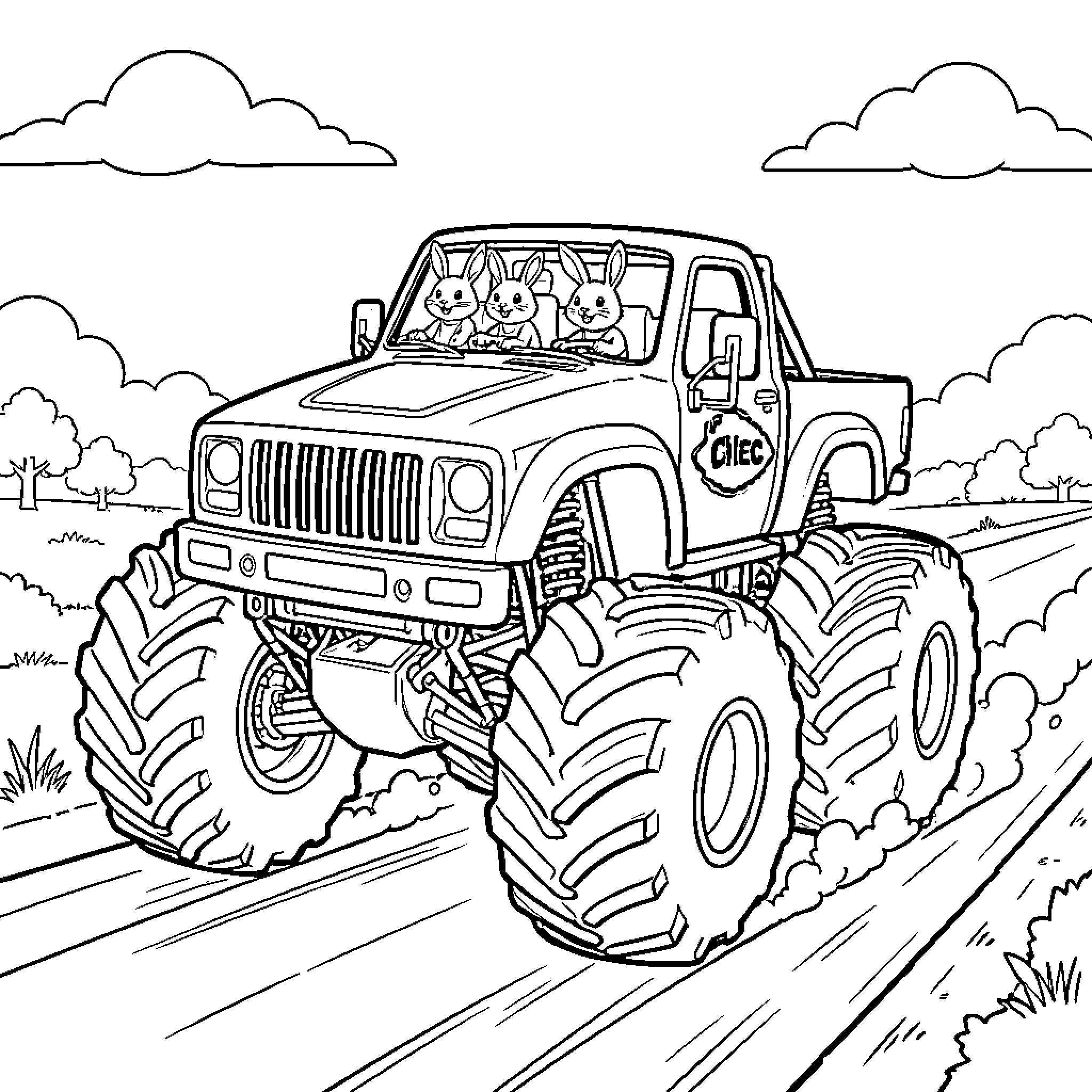 Monster Truck driven by happy bunnies on a path Coloring Page (free black-and-white line drawing printable PDF for all, from beginners to advanced learners, including children, teens, adults, and seniors)