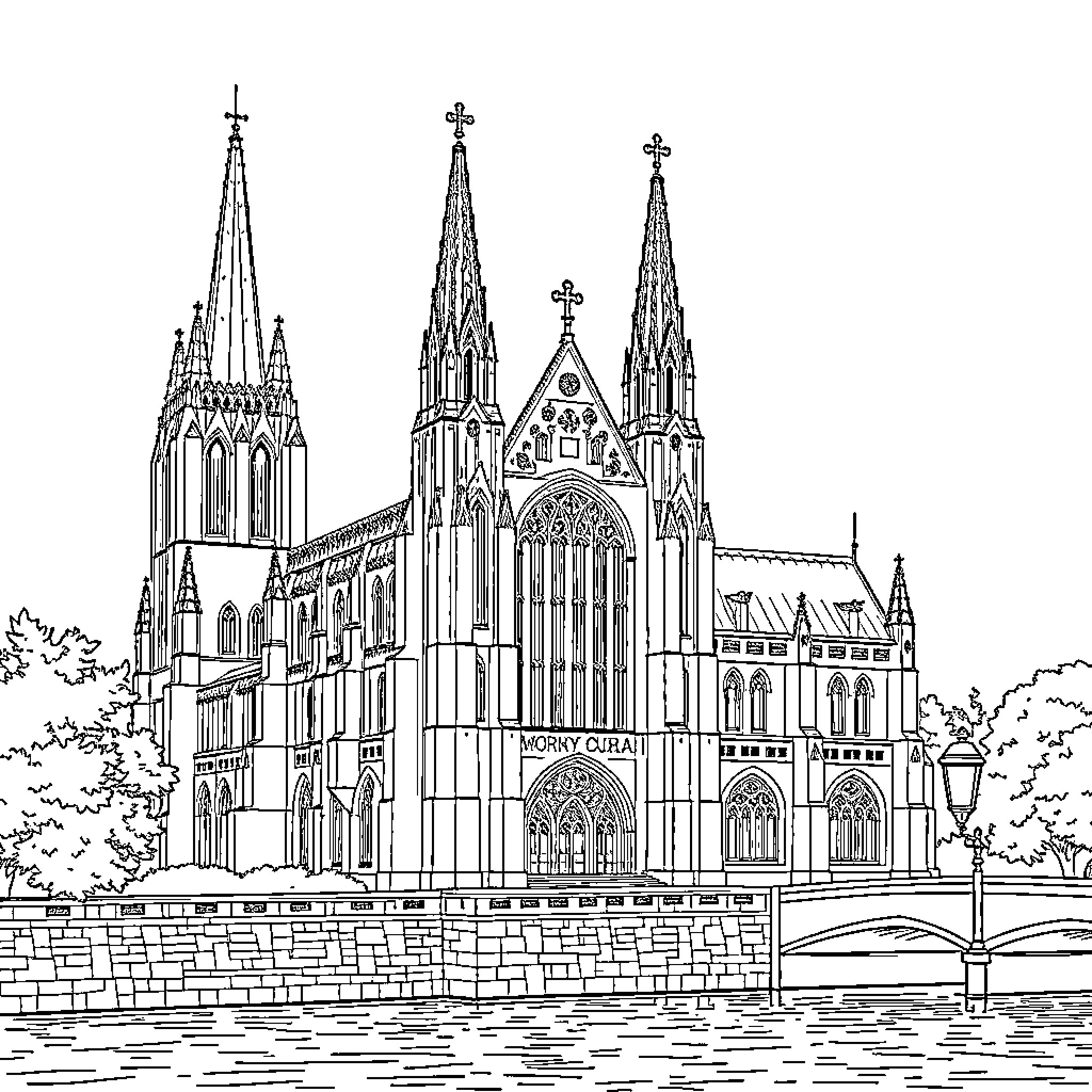 Cathedral of Gothic architecture by the river Coloring Page (free black-and-white line drawing printable PDF for all, from beginners to advanced learners, including children, teens, adults, and seniors)