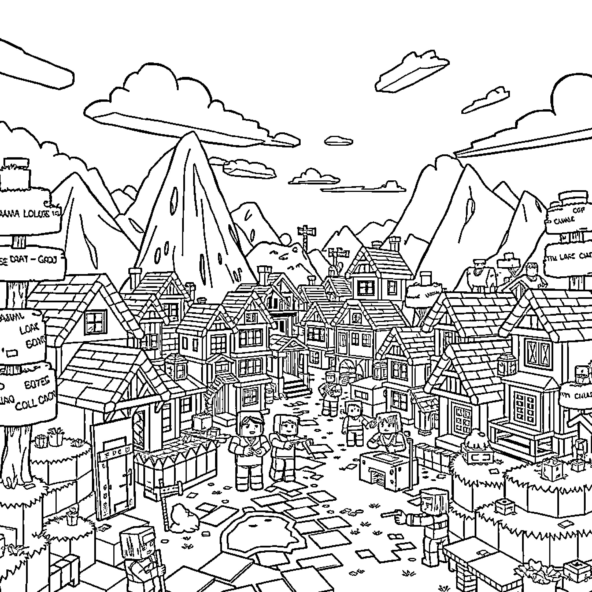 Minecraft Village with Bustling Activity and Varied Architecture Coloring Page (free black-and-white line drawing printable PDF for all, from beginners to advanced learners, including children, teens, adults, and seniors)