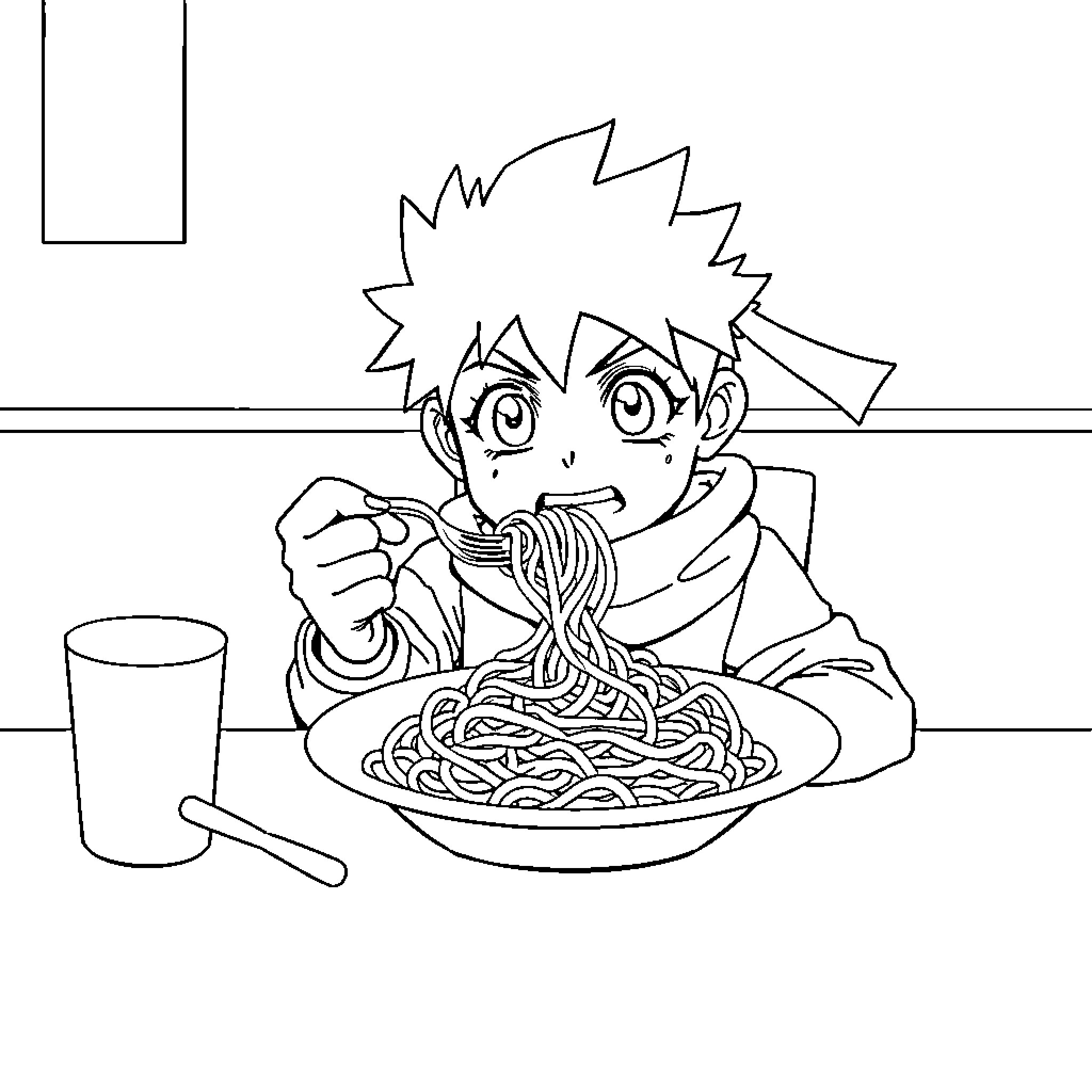 Kabamaru Eating Spaghetti Happily Coloring Page (free black-and-white line drawing printable PDF for all, from beginners to advanced learners, including children, teens, adults, and seniors)