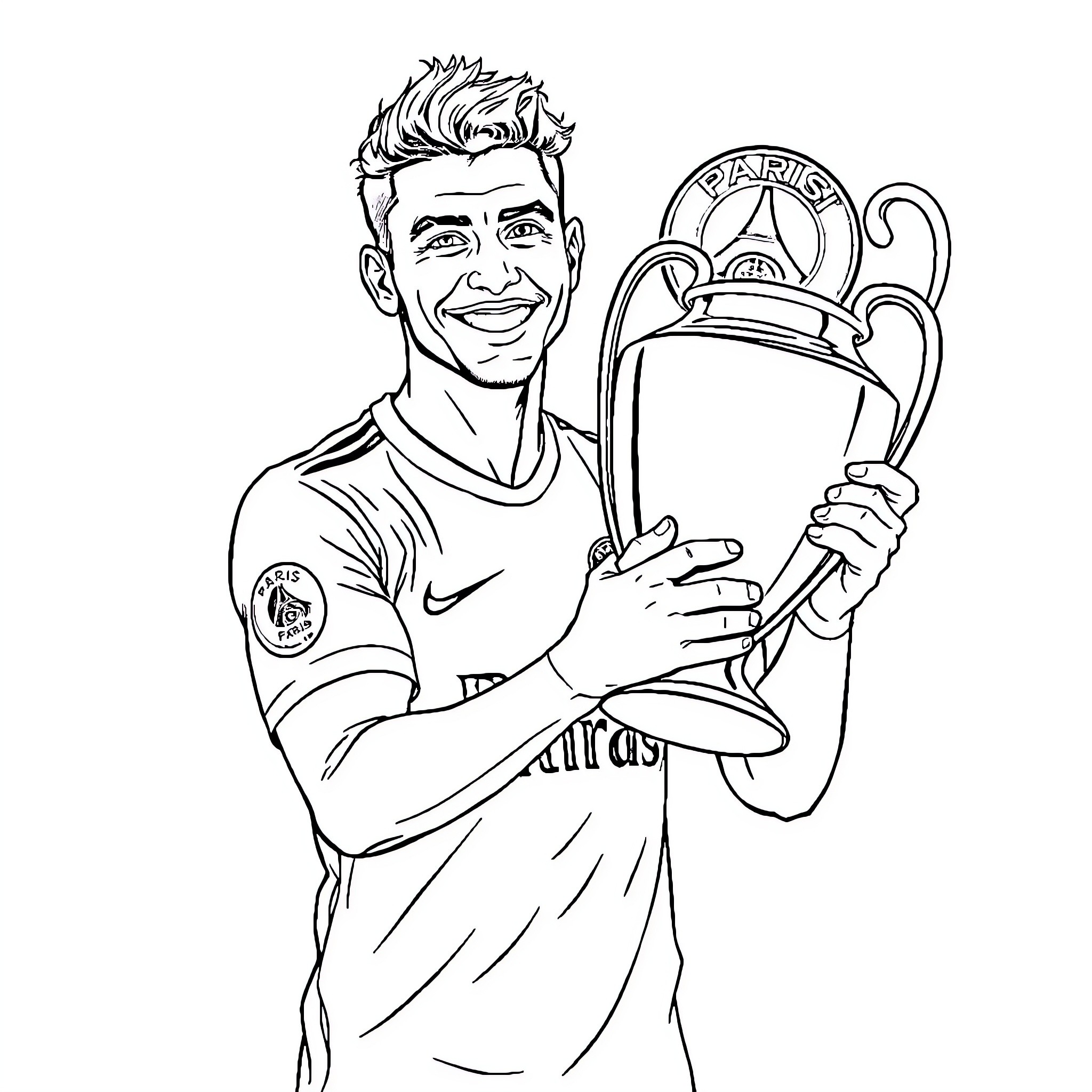 PSG Player Celebrating with Champions League Trophy Coloring Page (free black-and-white line drawing printable PDF for all, from beginners to advanced learners, including children, teens, adults, and seniors)