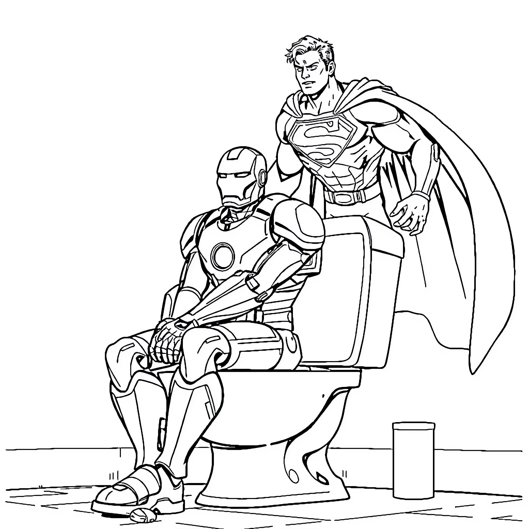 Ironman and Superman in heroic collaboration Coloring Page (free black-and-white line drawing printable PDF for all, from beginners to advanced learners, including children, teens, adults, and seniors)
