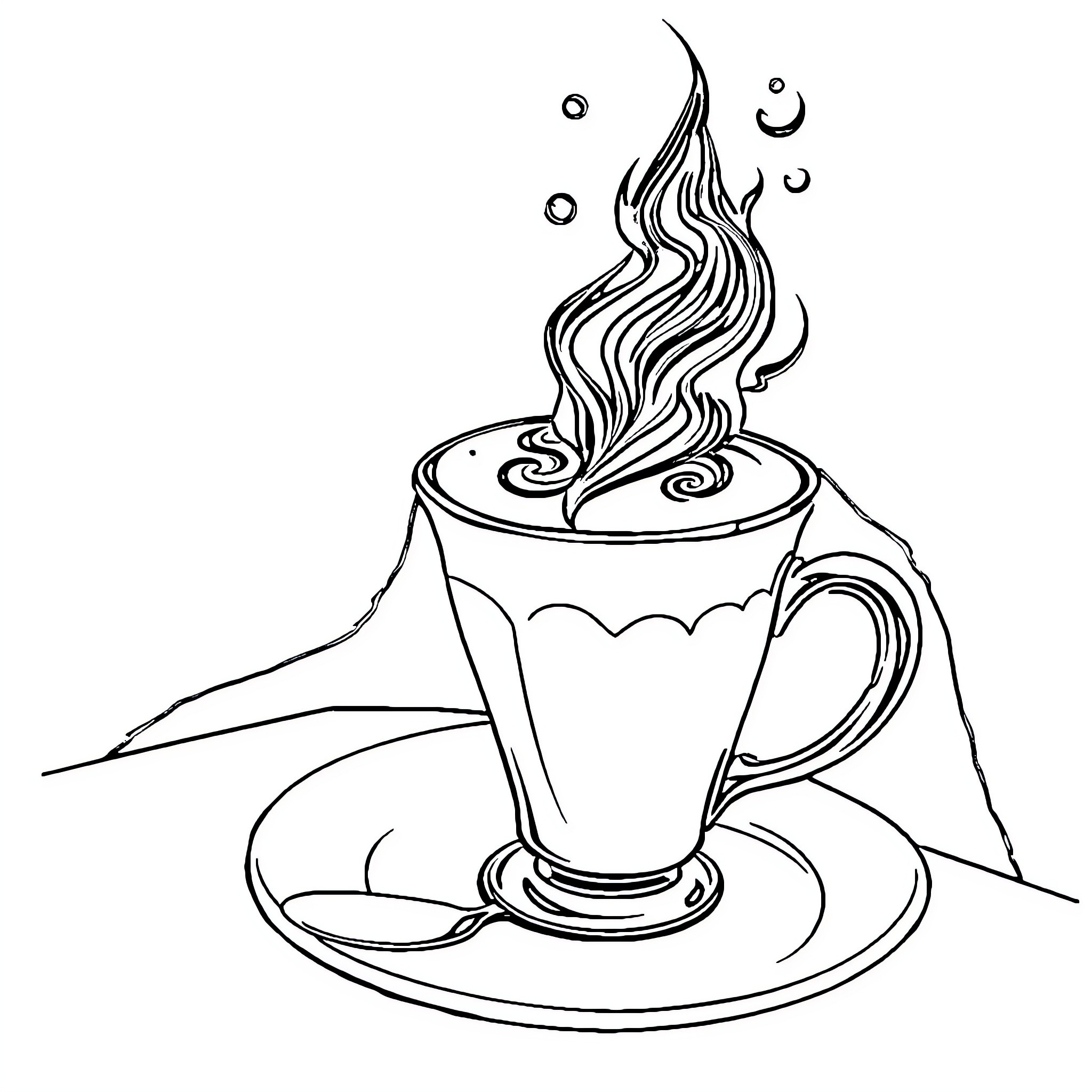 Cappuccino with swirling steam and saucer Coloring Page (free black-and-white line drawing printable PDF for all, from beginners to advanced learners, including children, teens, adults, and seniors)