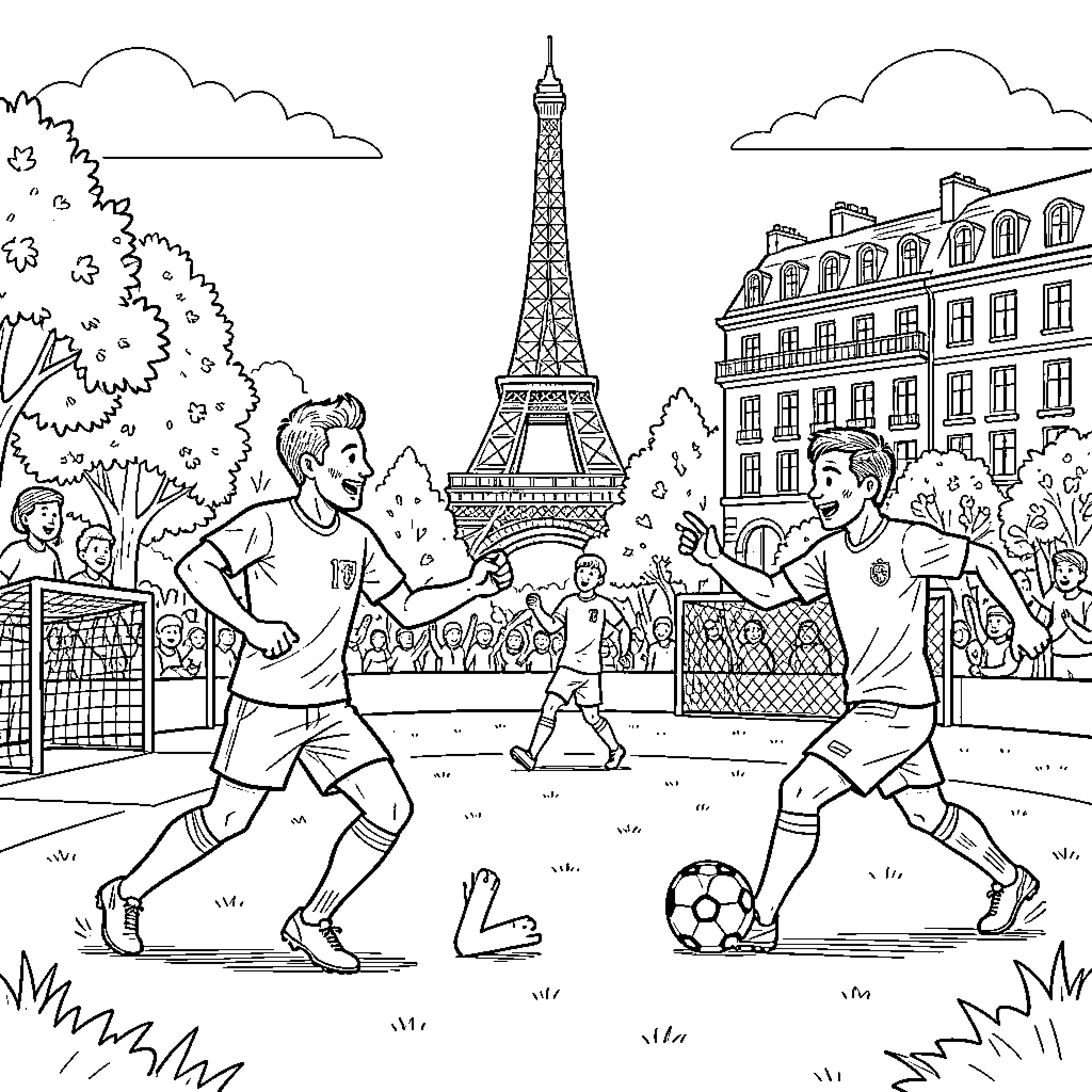 France youths playing soccer near the Eiffel Tower Coloring Page (free black-and-white line drawing printable PDF for all, from beginners to advanced learners, including children, teens, adults, and seniors)