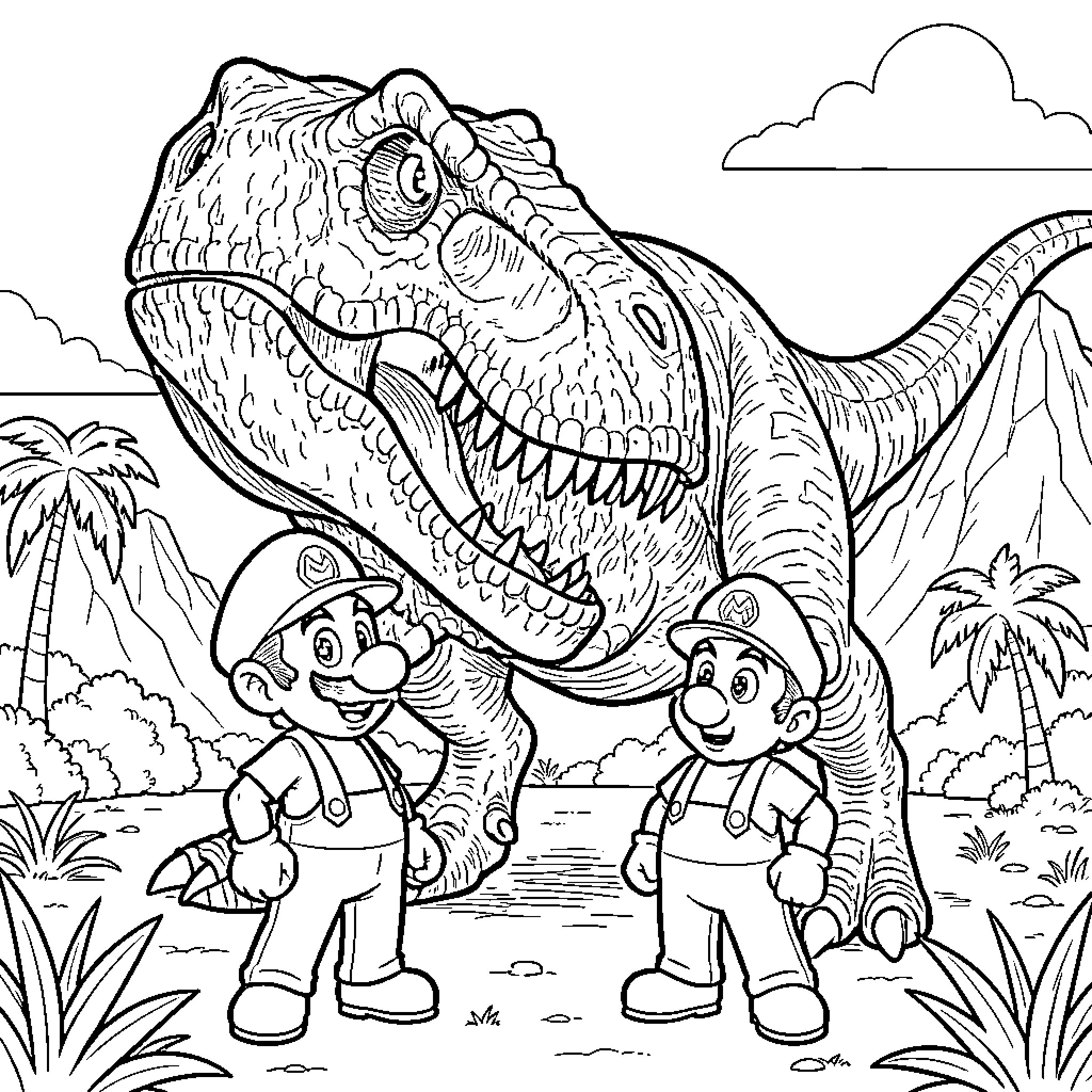 T-Rex roaring loudly behind two cheerful characters Coloring Page (free black-and-white line drawing printable PDF for all, from beginners to advanced learners, including children, teens, adults, and seniors)