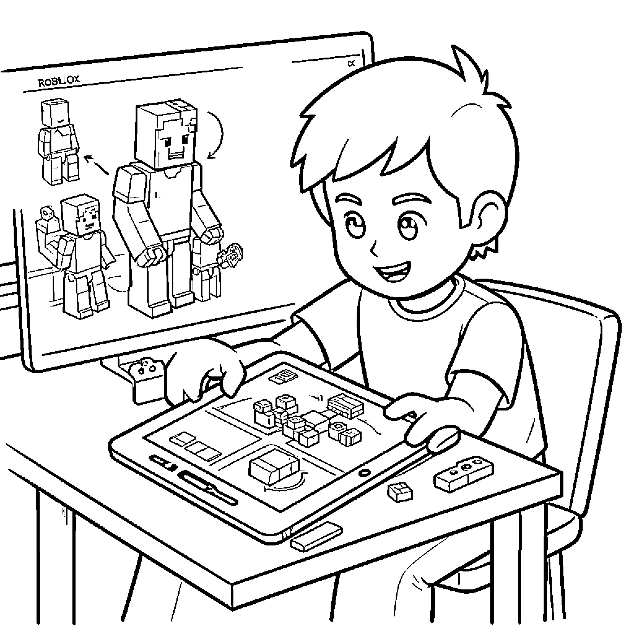 Boy playing with building blocks at desk Coloring Page (free black-and-white line drawing printable PDF for all, from beginners to advanced learners, including children, teens, adults, and seniors)