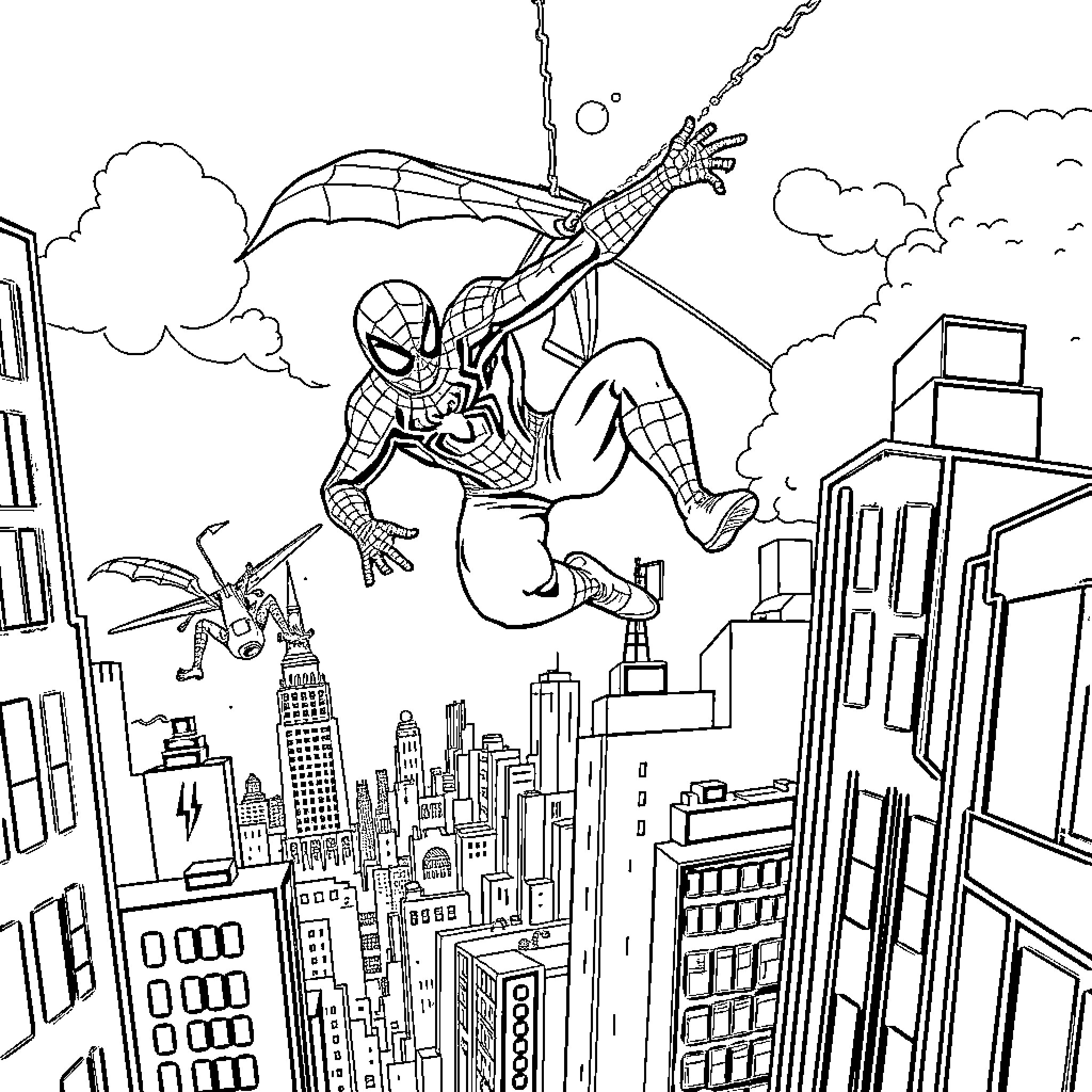 Spiderman Swinging Through the City Skyline Coloring Page (free black-and-white line drawing printable PDF for all, from beginners to advanced learners, including children, teens, adults, and seniors)