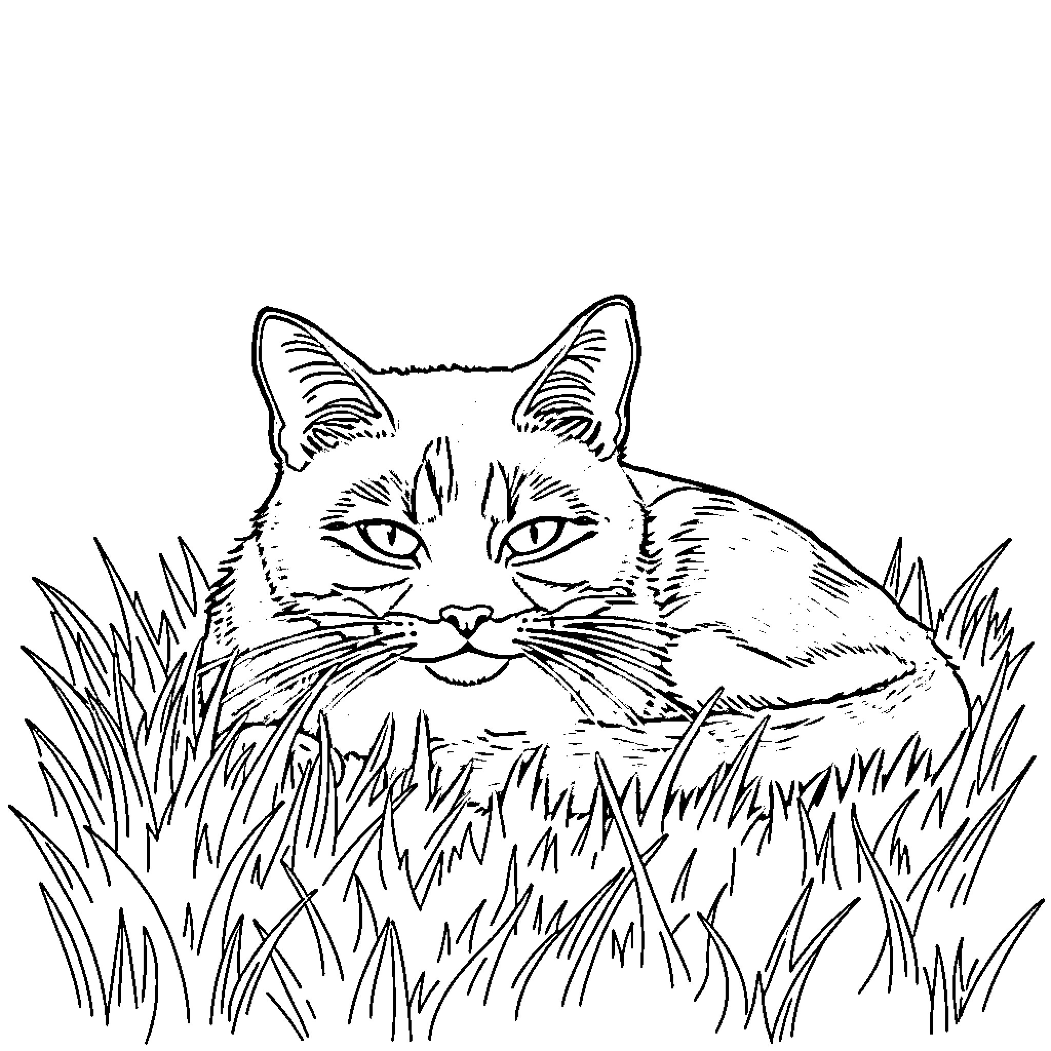 Cat resting in tall grass Coloring Page (free black-and-white line drawing printable PDF for all, from beginners to advanced learners, including children, teens, adults, and seniors)