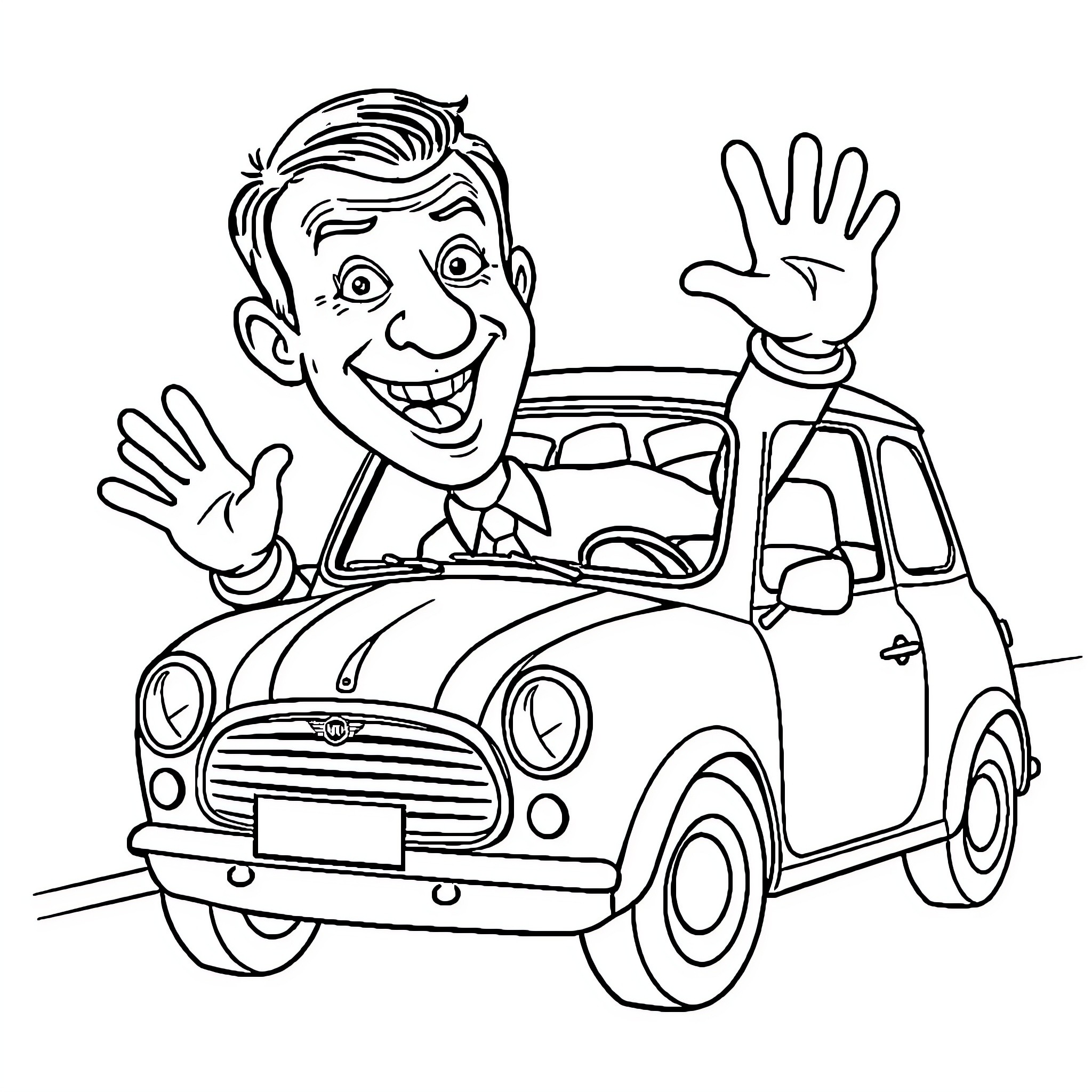 Mr Bean having fun in his iconic car Coloring Page (free black-and-white line drawing printable PDF for all, from beginners to advanced learners, including children, teens, adults, and seniors)