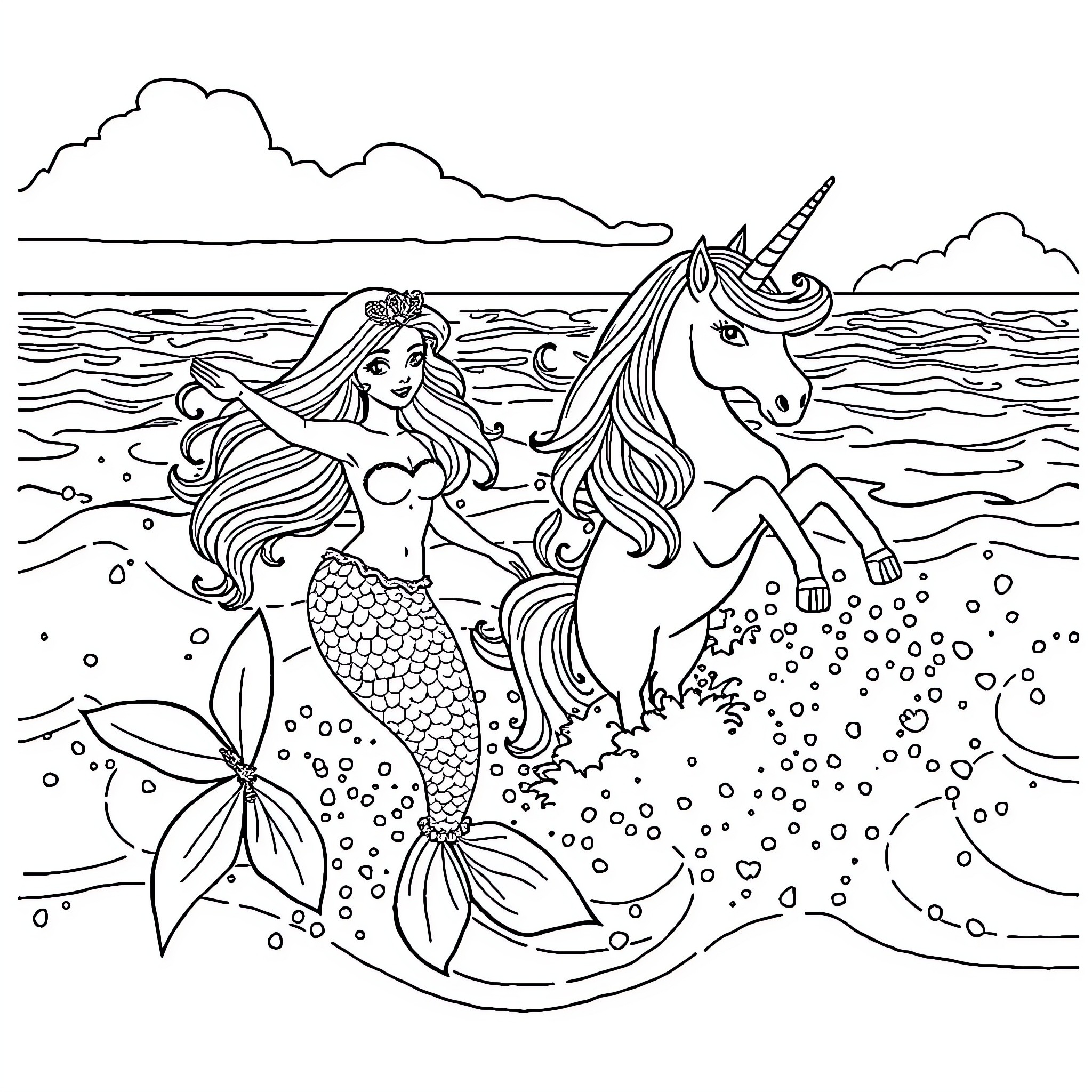 Mermaid and Unicorn Frolicking in the Sea Coloring Page (free black-and-white line drawing printable PDF for all, from beginners to advanced learners, including children, teens, adults, and seniors)