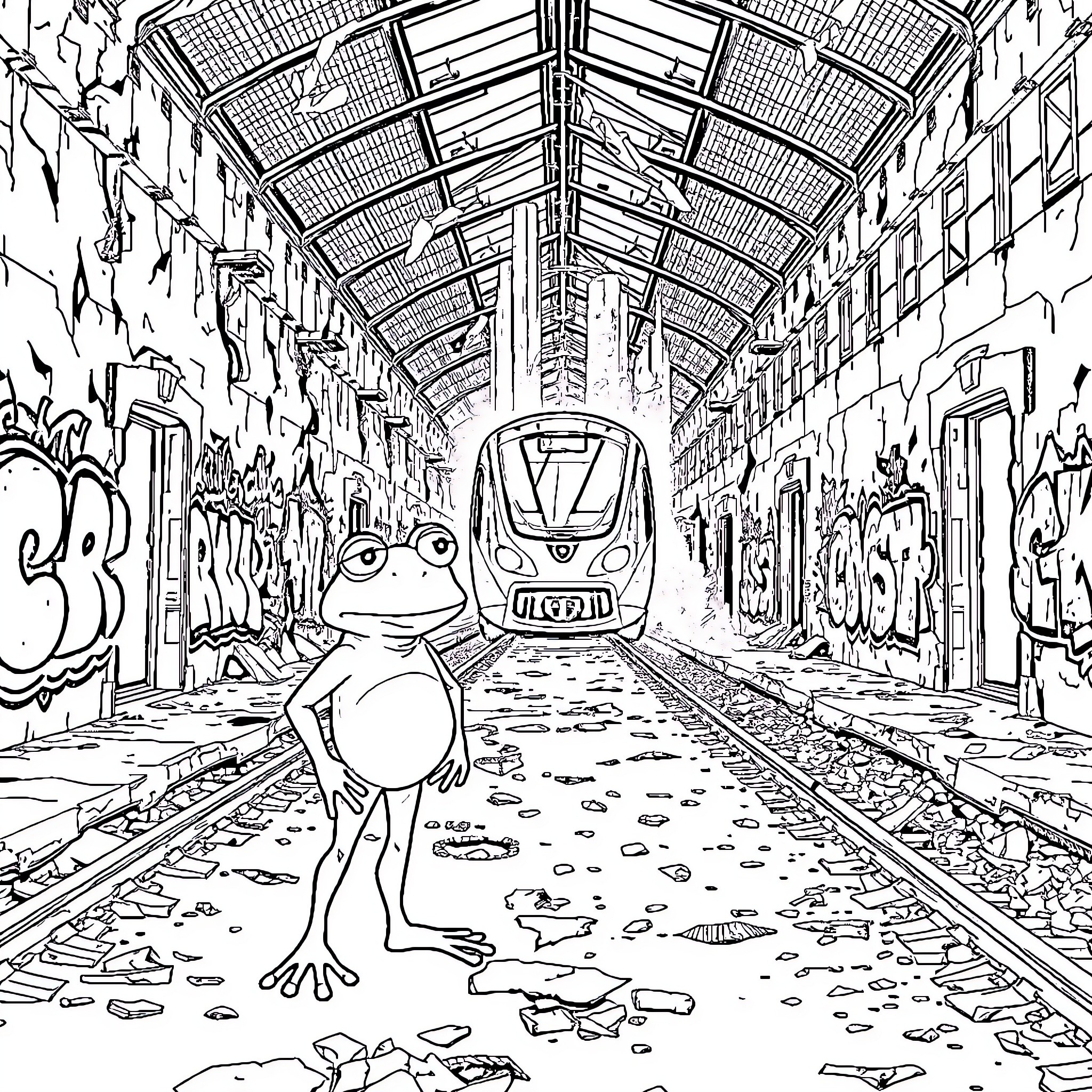 Pepe the Frog explores an abandoned railway station Coloring Page (free black-and-white line drawing printable PDF for all, from beginners to advanced learners, including children, teens, adults, and seniors)