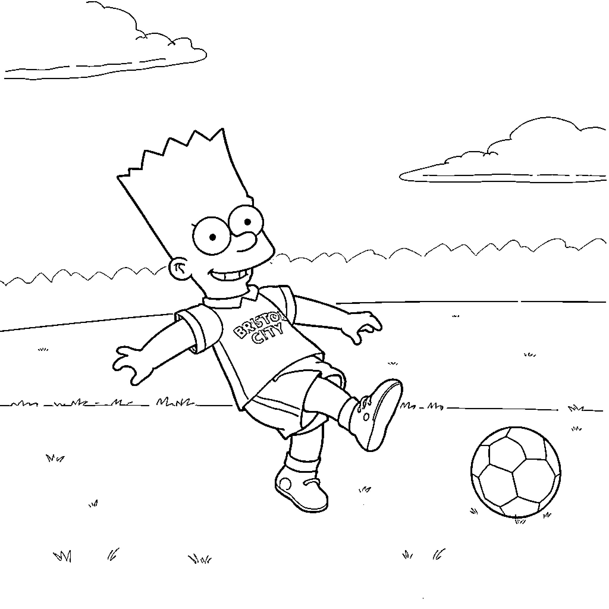 Bart Simpson playing soccer in the park Coloring Page (free black-and-white line drawing printable PDF for all, from beginners to advanced learners, including children, teens, adults, and seniors)