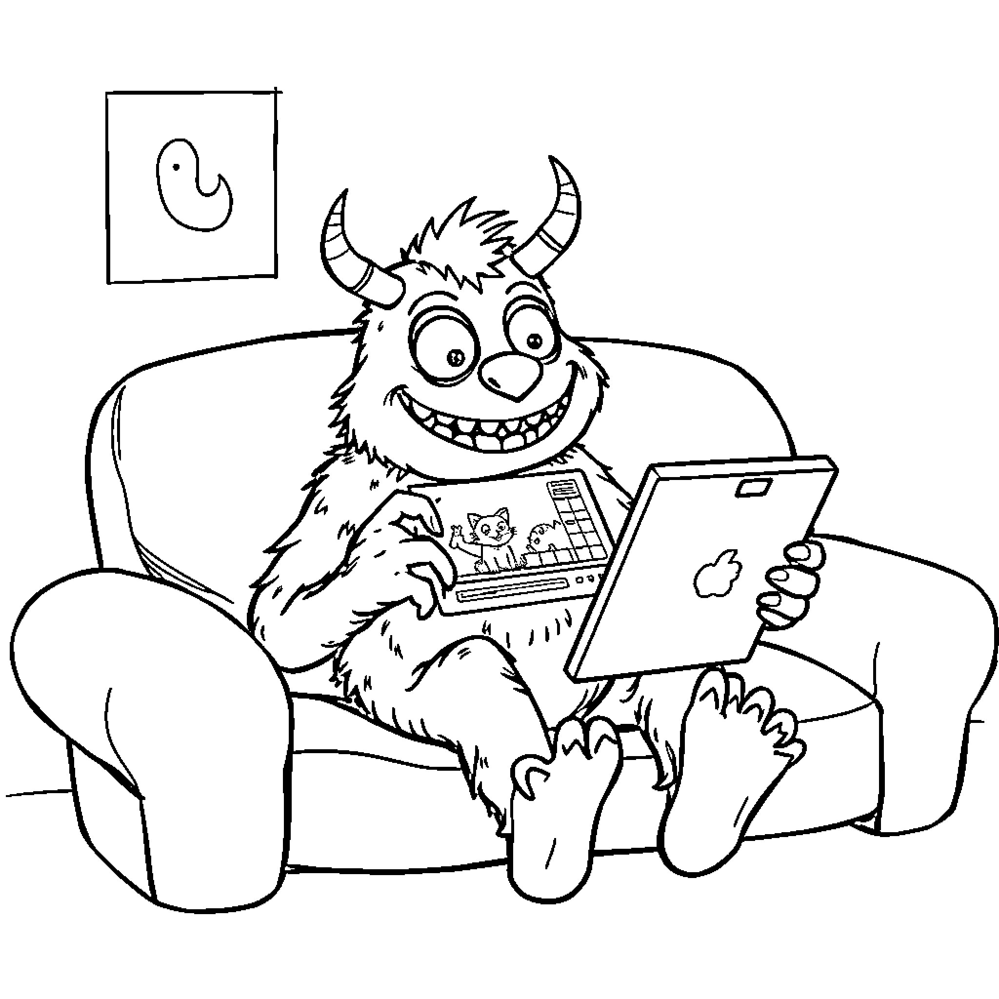 Monster playing happily with laptop on the couch Coloring Page (free black-and-white line drawing printable PDF for all, from beginners to advanced learners, including children, teens, adults, and seniors)