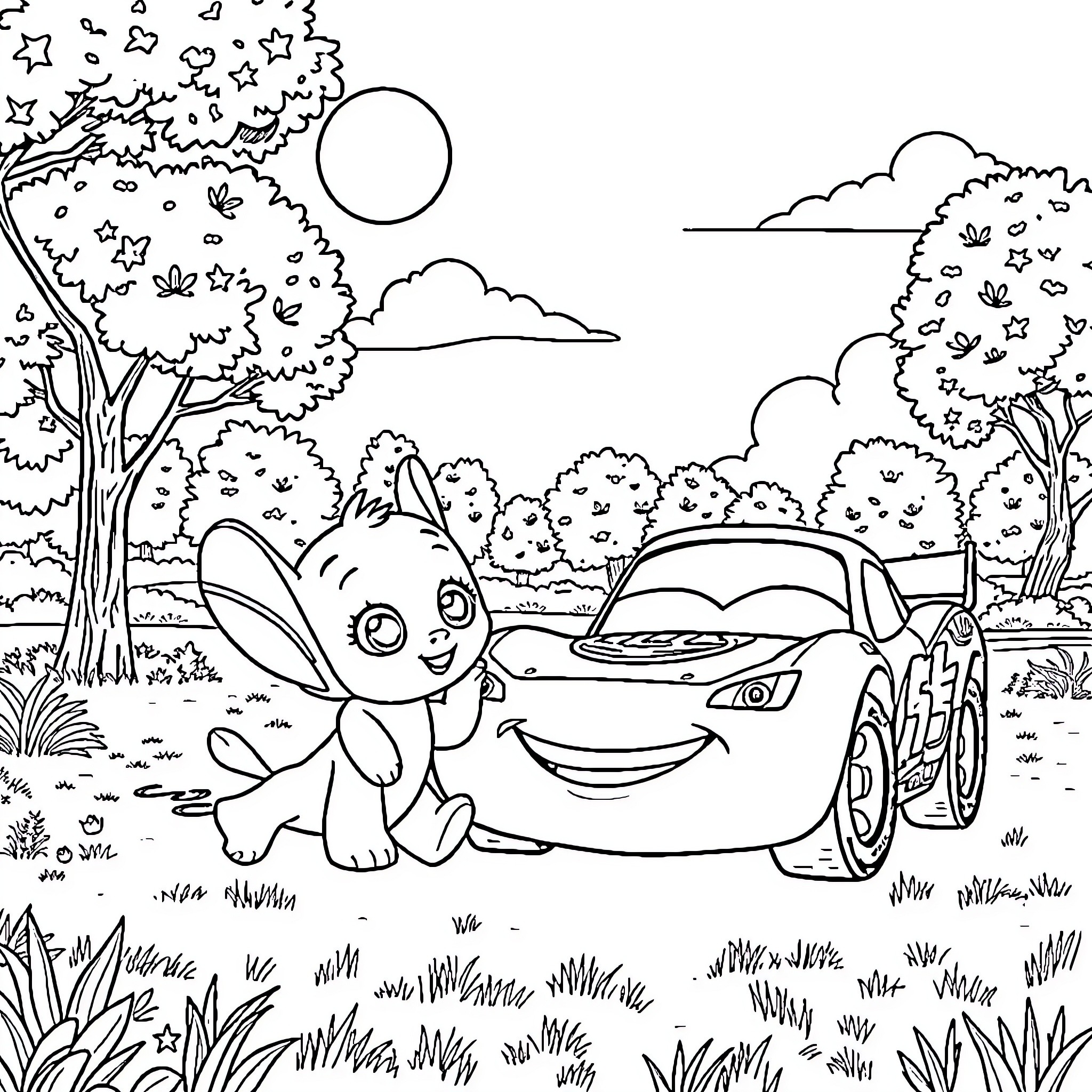 Bluey's Outdoor Adventure with Car Friend Coloring Page (free black-and-white line drawing printable PDF for all, from beginners to advanced learners, including children, teens, adults, and seniors)