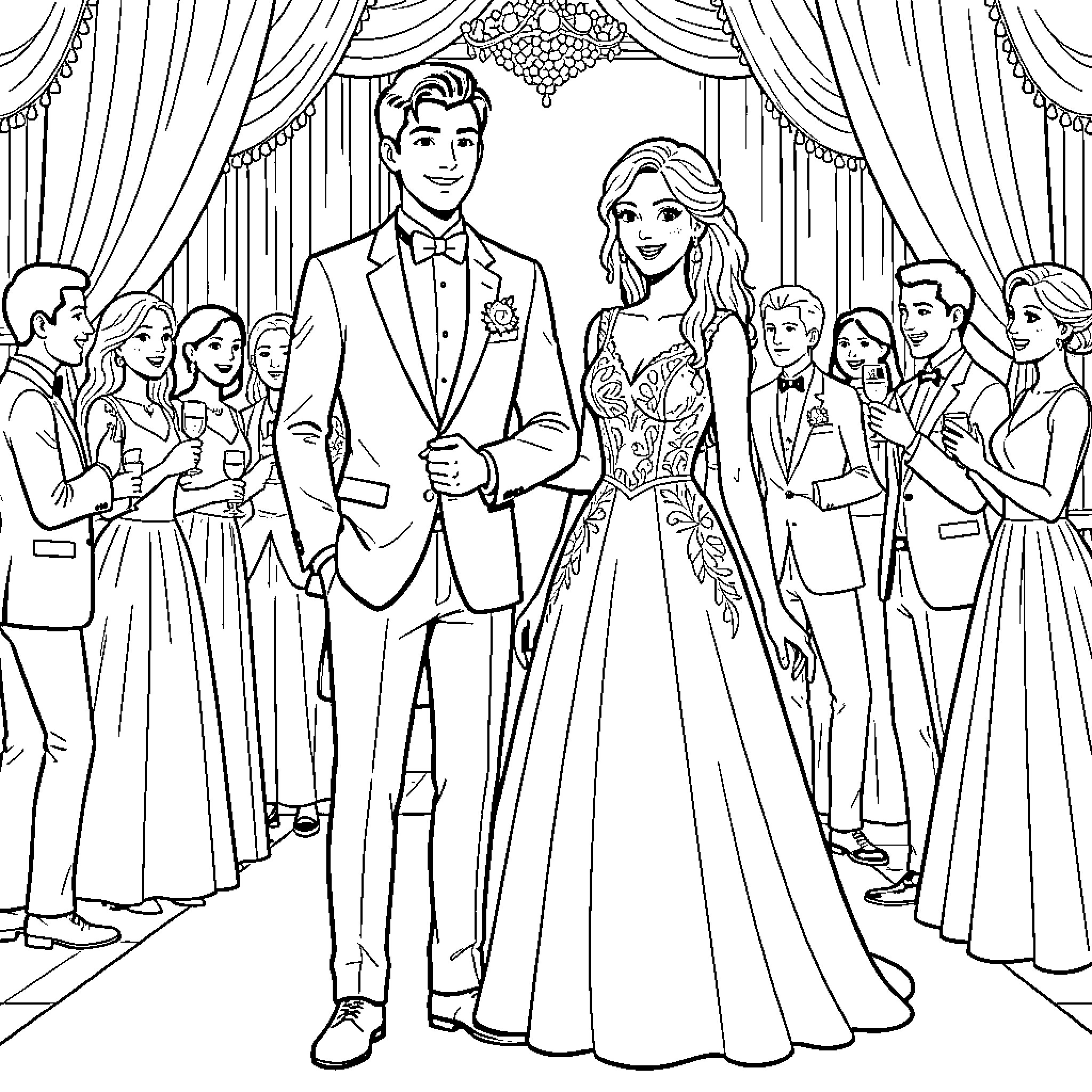 Chambelán's Formal Wedding Celebration Coloring Page (free black-and-white line drawing printable PDF for all, from beginners to advanced learners, including children, teens, adults, and seniors)