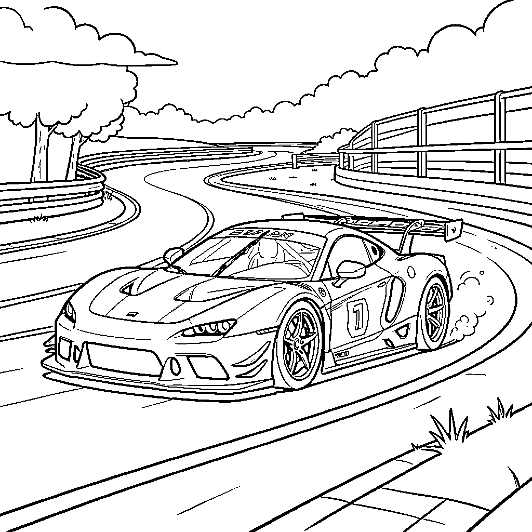 Race Car speeding through a winding track curve Coloring Page (free black-and-white line drawing printable PDF for all, from beginners to advanced learners, including children, teens, adults, and seniors)