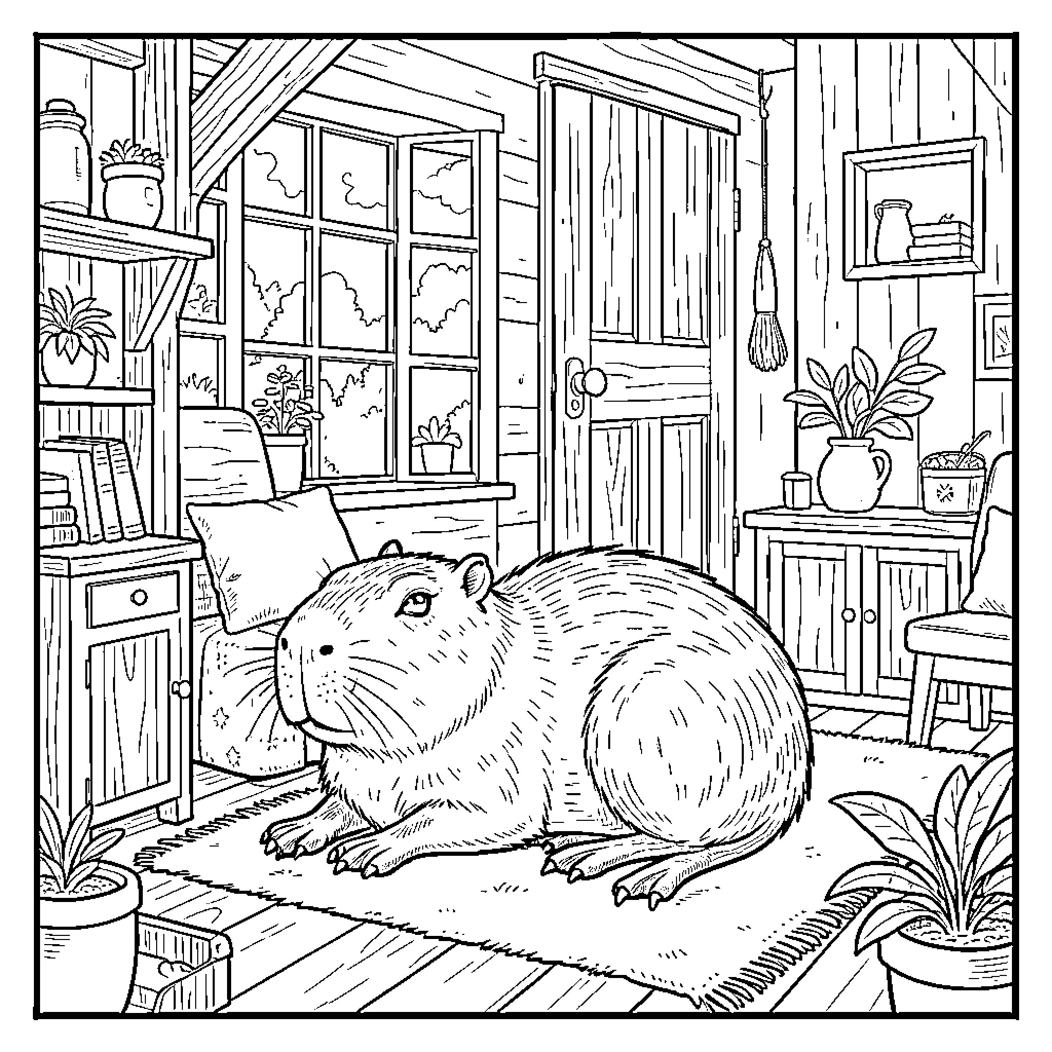 Capybara resting peacefully on a rug in a room Coloring Page (free black-and-white line drawing printable PDF for all, from beginners to advanced learners, including children, teens, adults, and seniors)
