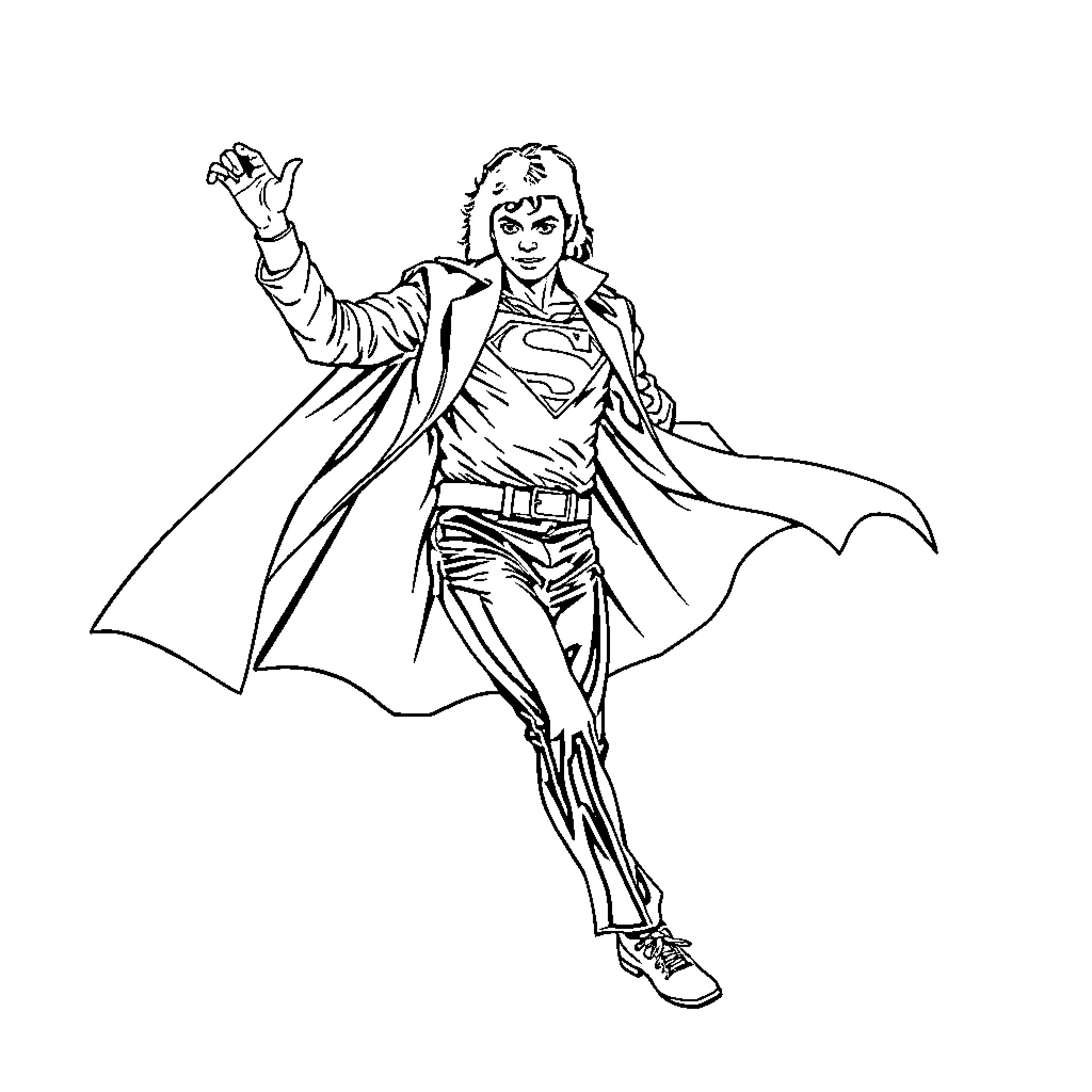 Michael Jackson as Superhero in Action Pose Coloring Page (free black-and-white line drawing printable PDF for all, from beginners to advanced learners, including children, teens, adults, and seniors)