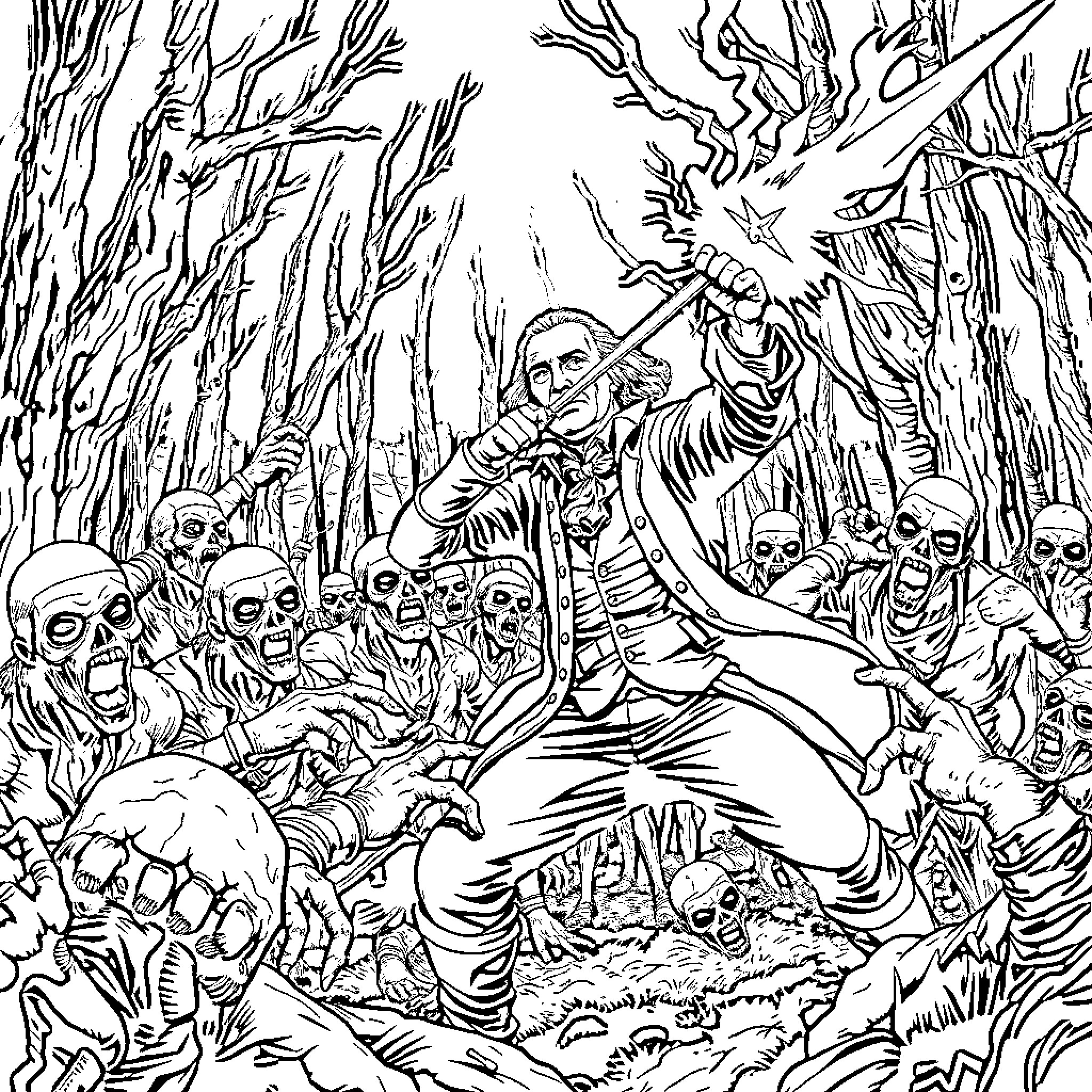 George Washington Battling Zombie Horde in the Forest Coloring Page (free black-and-white line drawing printable PDF for all, from beginners to advanced learners, including children, teens, adults, and seniors)
