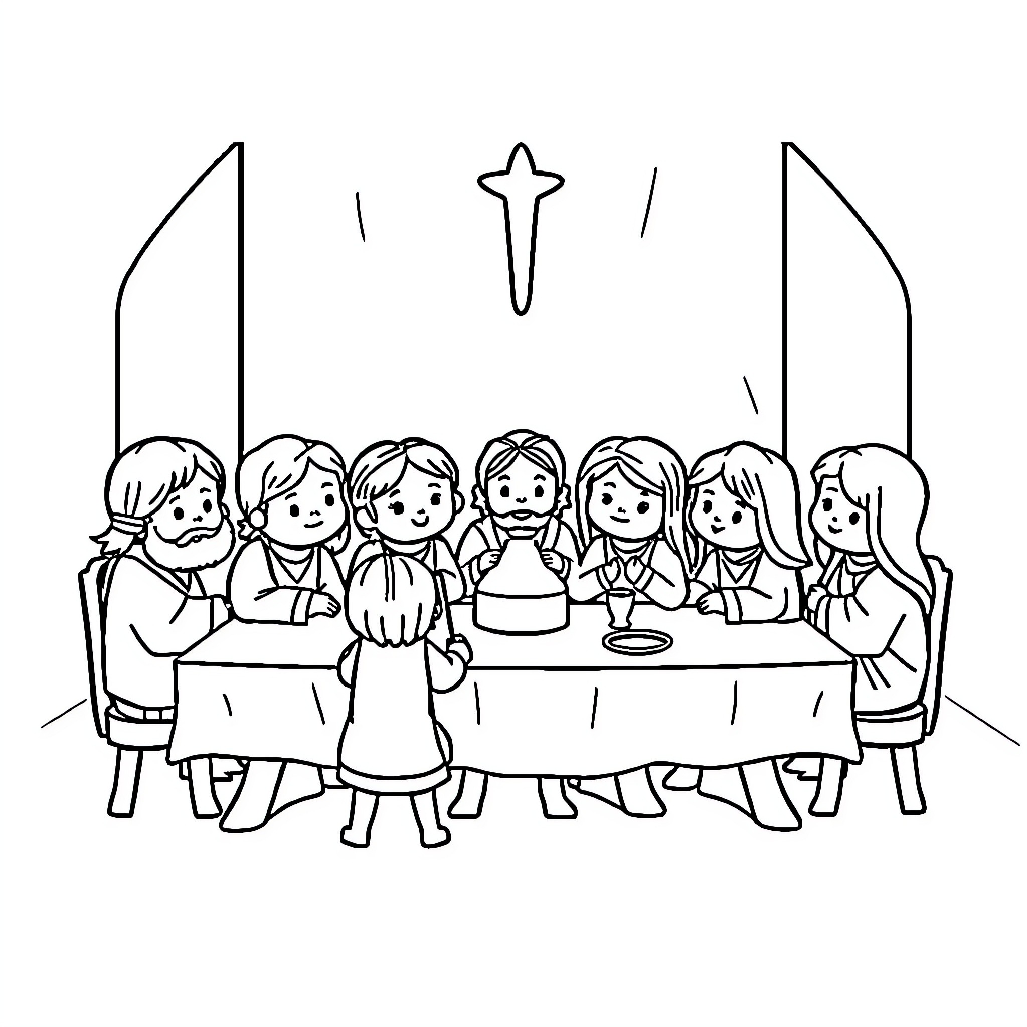 Chibi Last Supper with friends gathered at the table Coloring Page (free black-and-white line drawing printable PDF for all, from beginners to advanced learners, including children, teens, adults, and seniors)